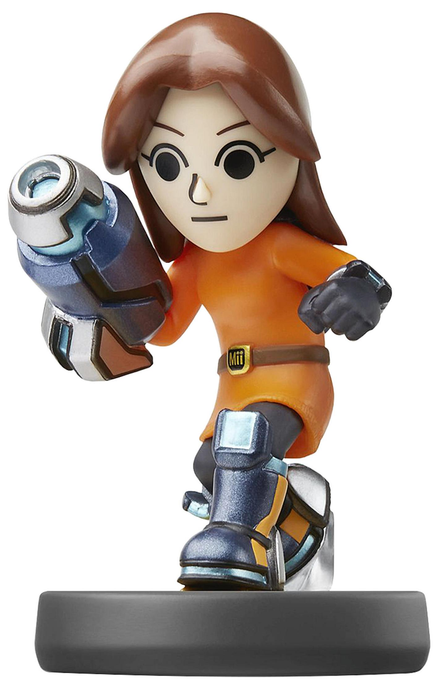 Eine Mii-Figur in einem orangefarbenen Anzug mit blauen und silbernen Rüstungsteilen.
