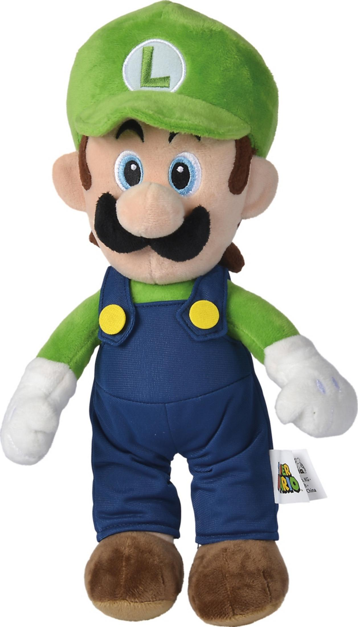 Ein Luigi-Plüschtier mit L-Mütze, grüner Kleidung und blauer Latzhose.