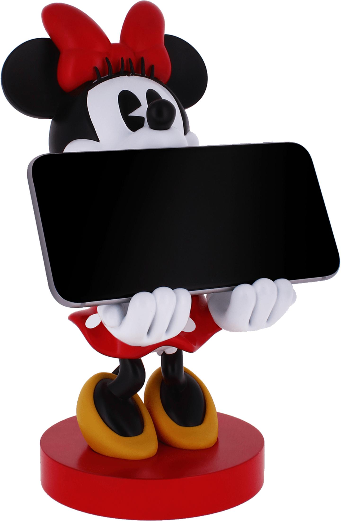 Statua di Minnie Mouse che tiene un oggetto rettangolare nero su base rossa.