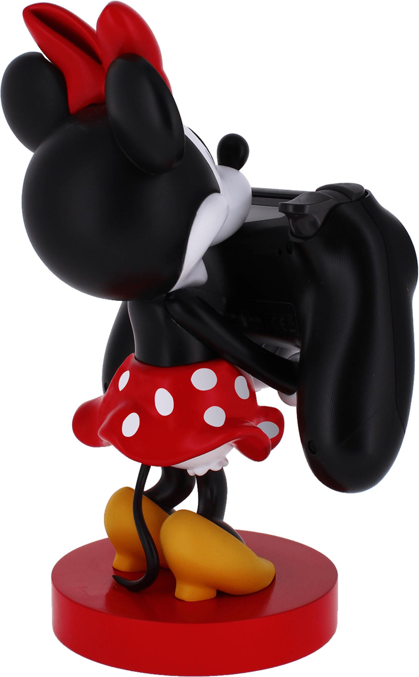 Statua di Minnie Mouse con controller nero su base rossa.