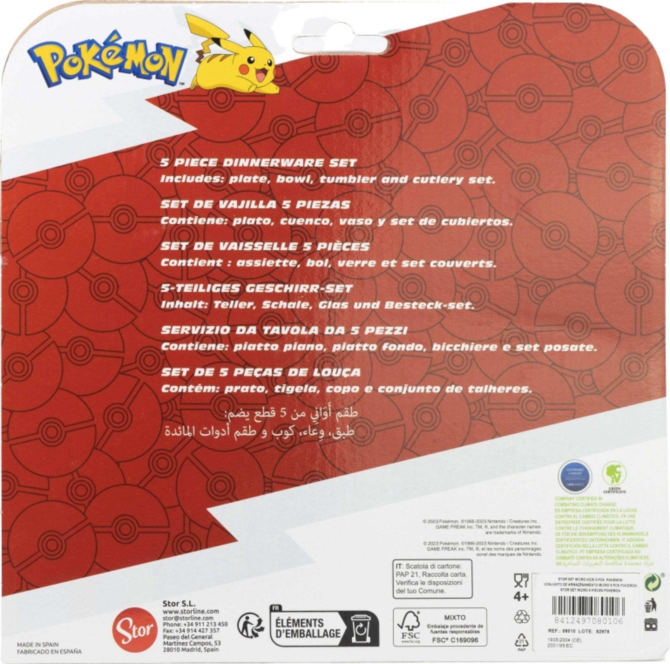 Pokémon-Geschirrset mit Pikachu. Enthält Teller, Schüssel, Becher und Besteck.