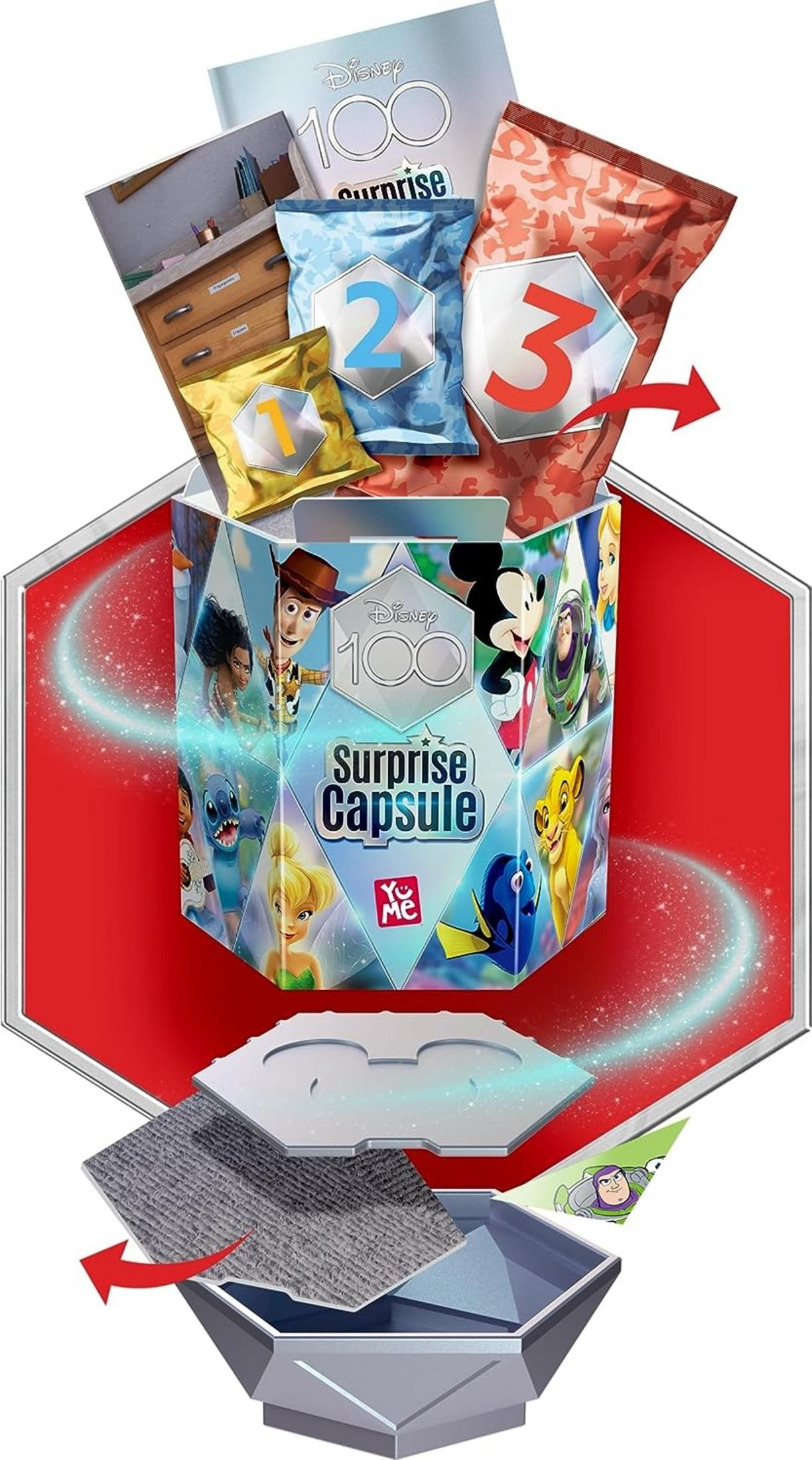 Disney 100 Surprise Capsule mit Charakteren und nummerierten Beuteln.