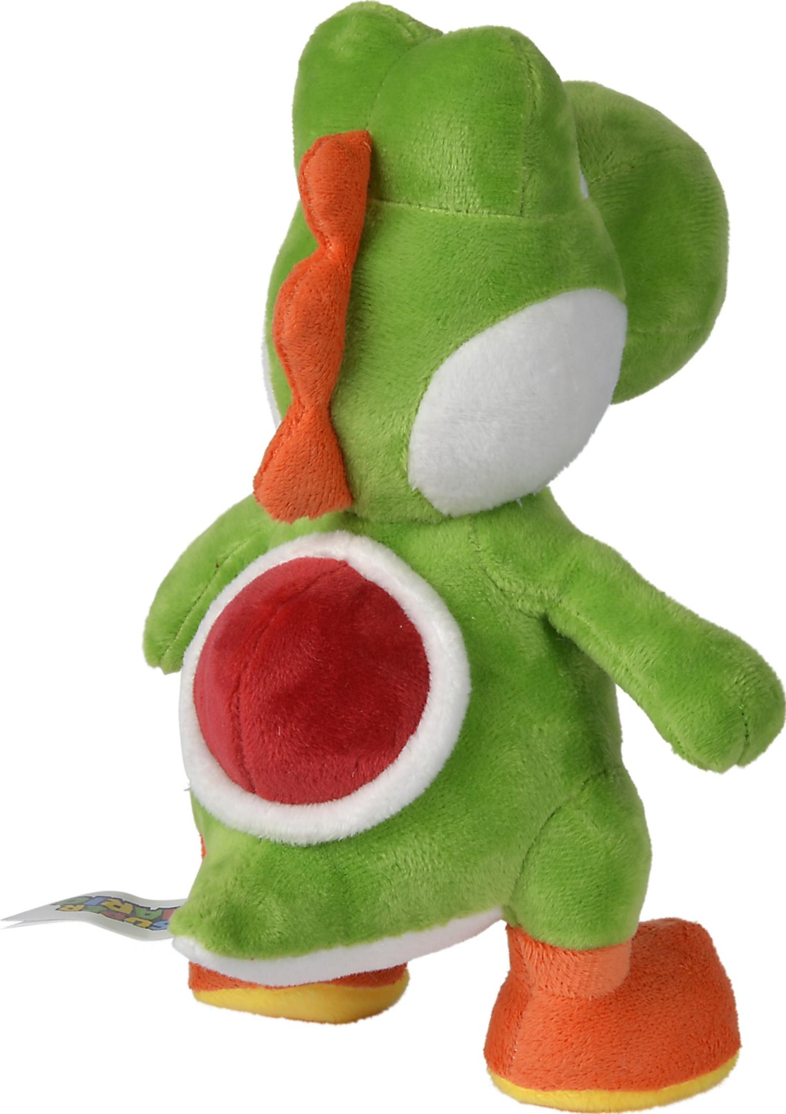 Ein grüner Yoshi-Plüsch mit rotem Bauch und orangen Schuhen.