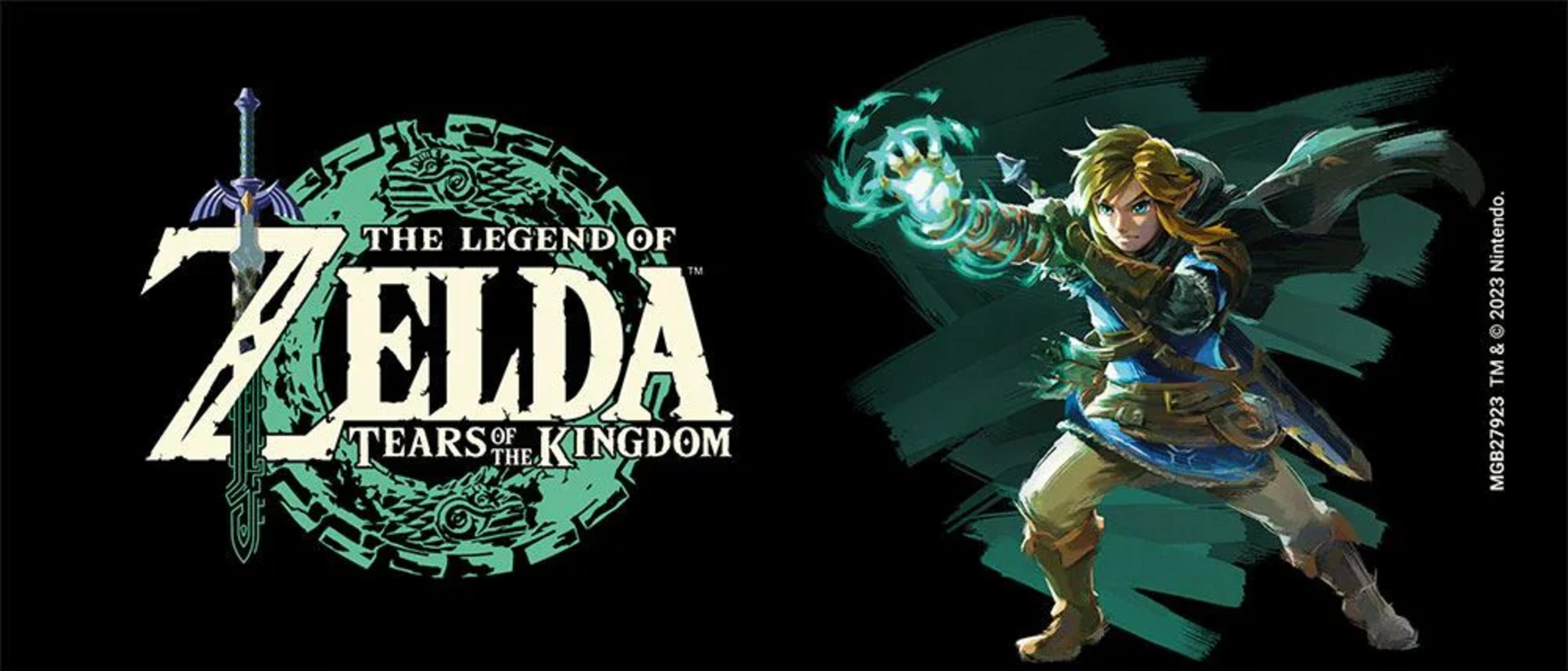 Link avec main lumineuse et épée Triforce devant le logo "Tears of the Kingdom".