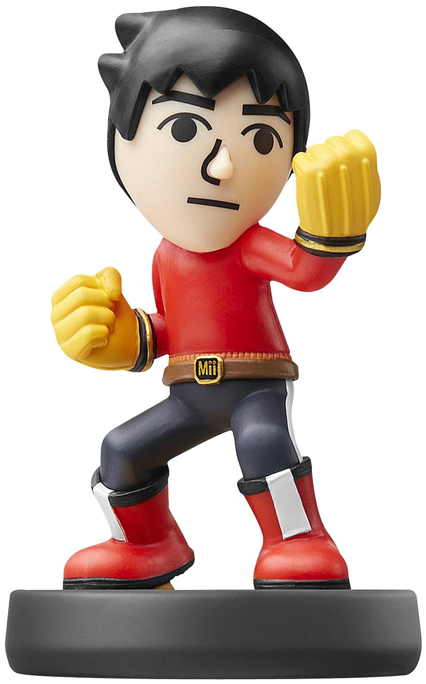 Eine Mii-Figur mit roten Stiefeln und gelben Handschuhen steht im Kampfmodus.