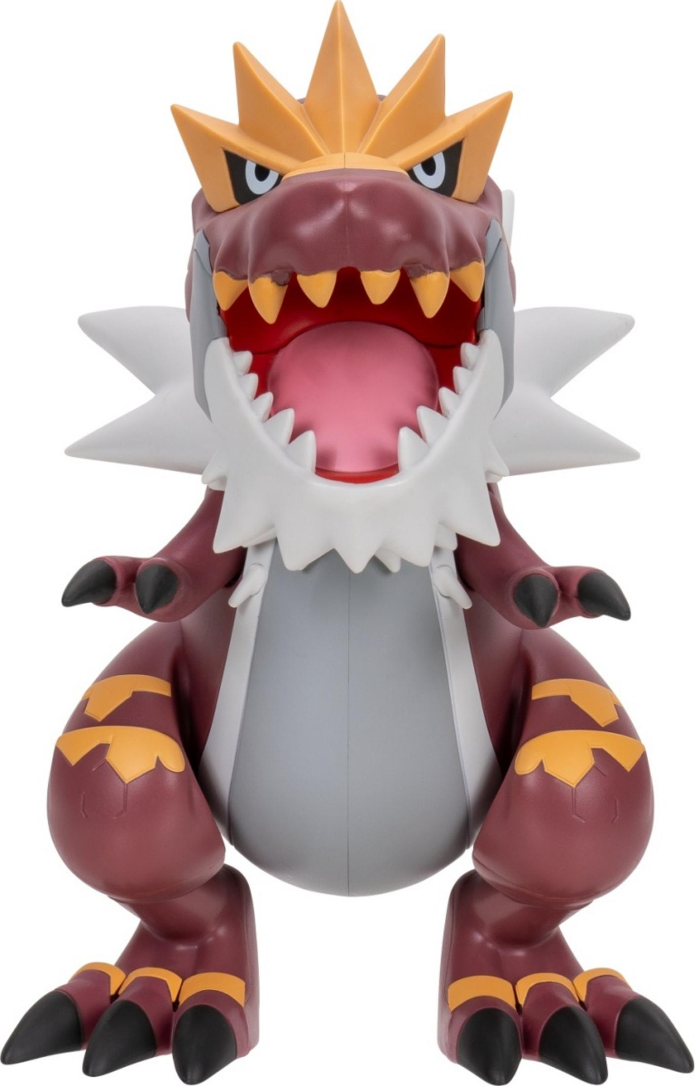 Ein rotes Dinosaurier-Spielzeug mit gelbem Kamm und geöffnetem Maul.