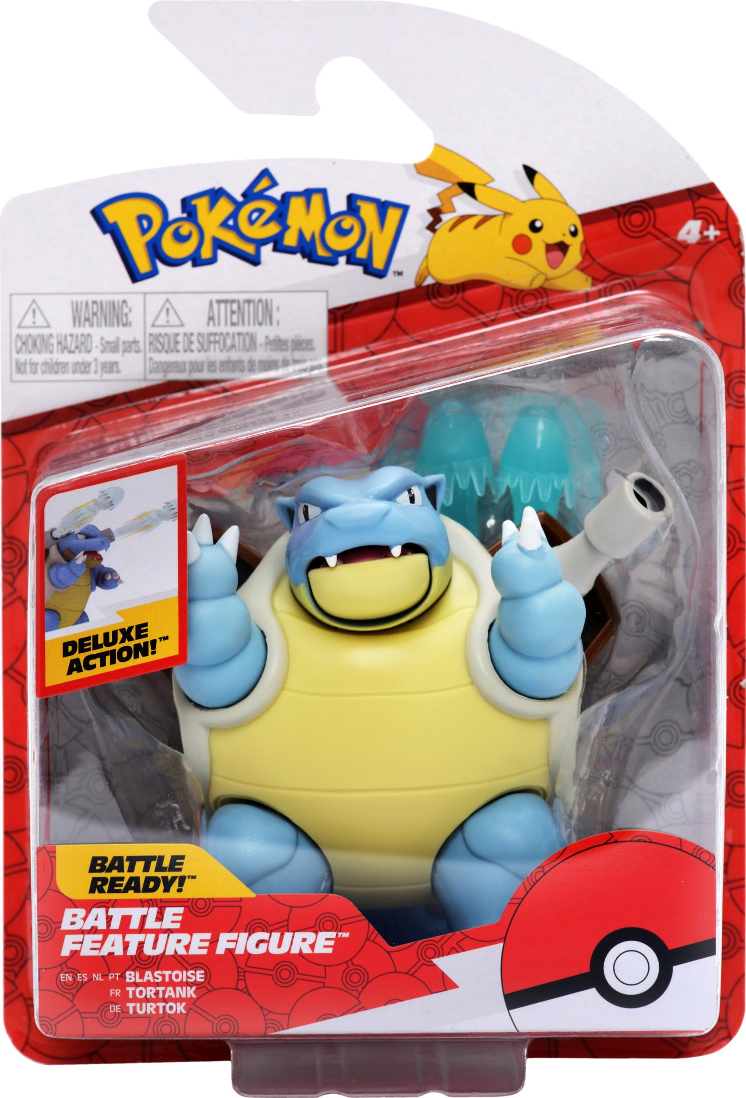 Ein Pokémon Blastoise Actionfigur Spielzeug in Verpackung mit Pikachubild.