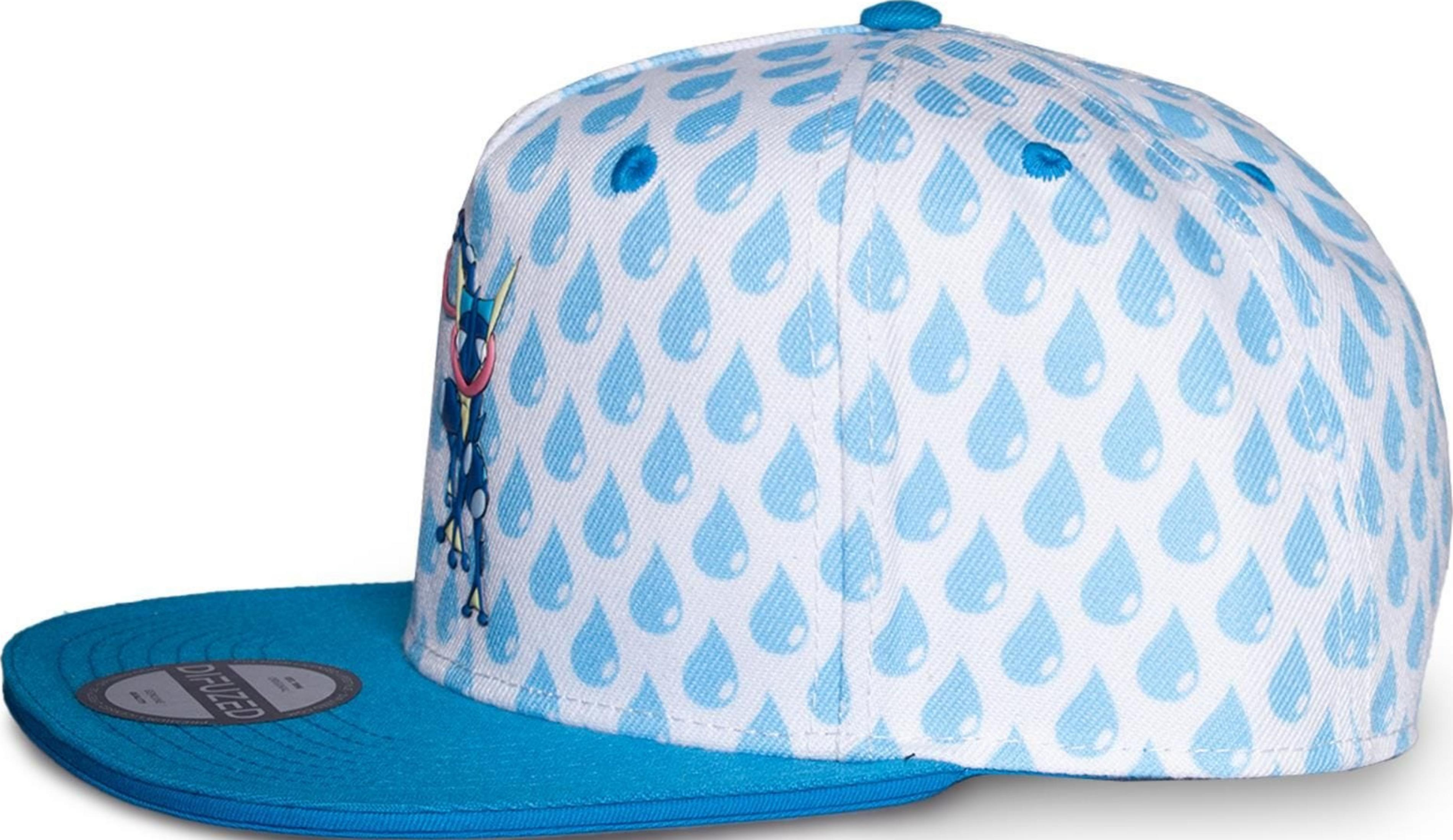 Une casquette blanche ornée de gouttes de pluie bleues et d'un personnage.