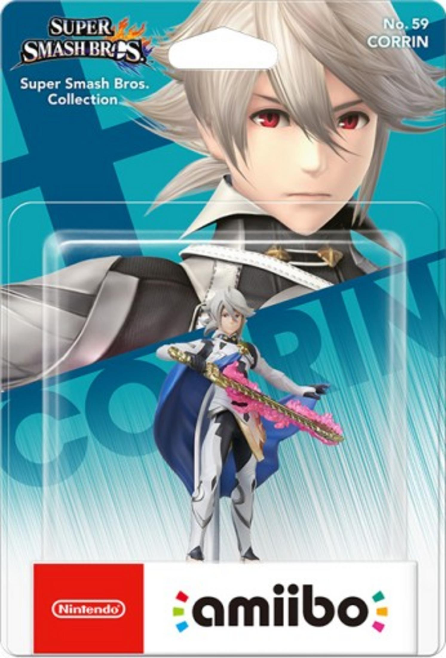 Figurine Amiibo Corrin de Super Smash Bros. tenant une épée, cape bleue.