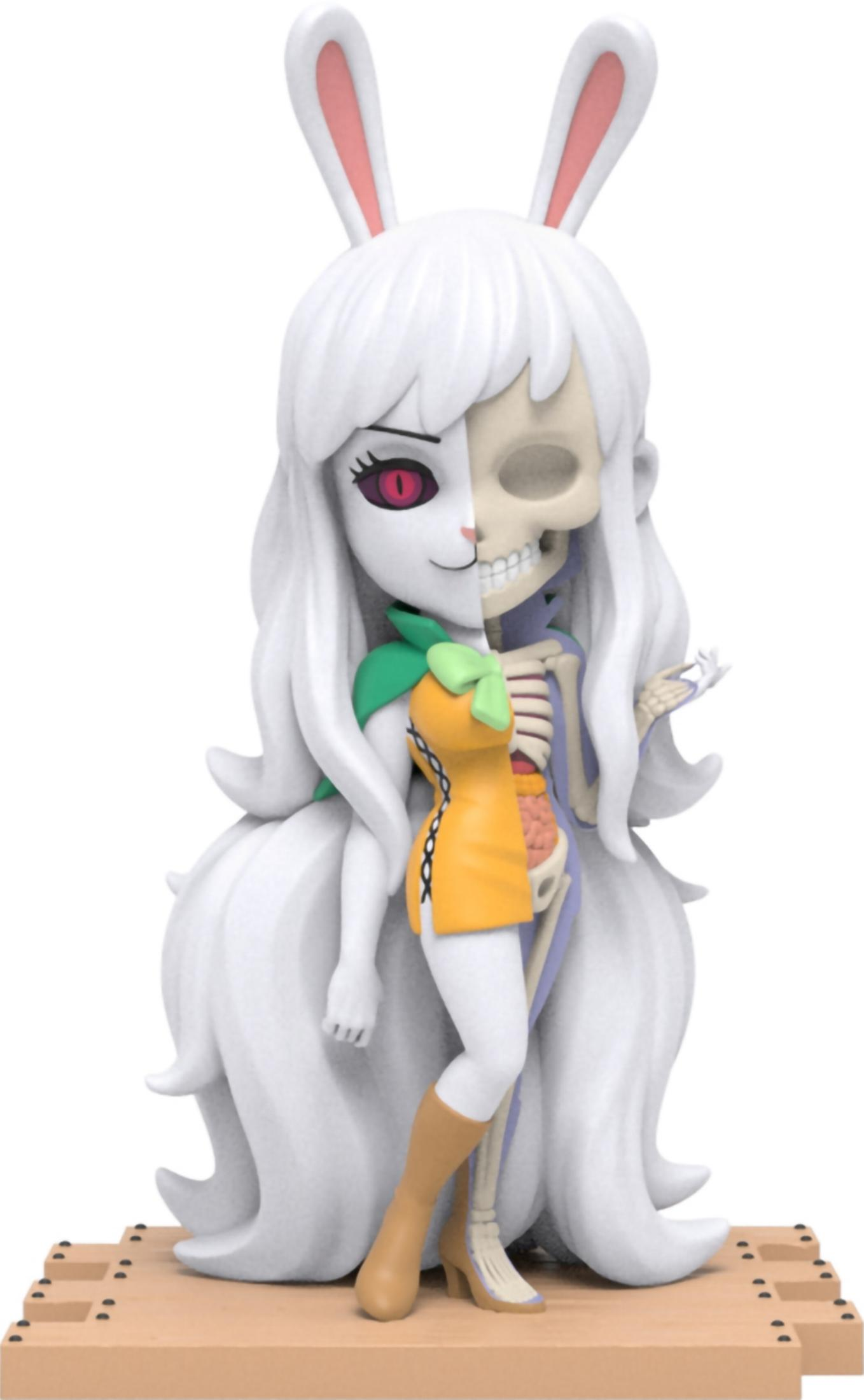 Postać z białym futrem, po prawej stronie szkielet, ubrana w pomarańczową sukienkę.