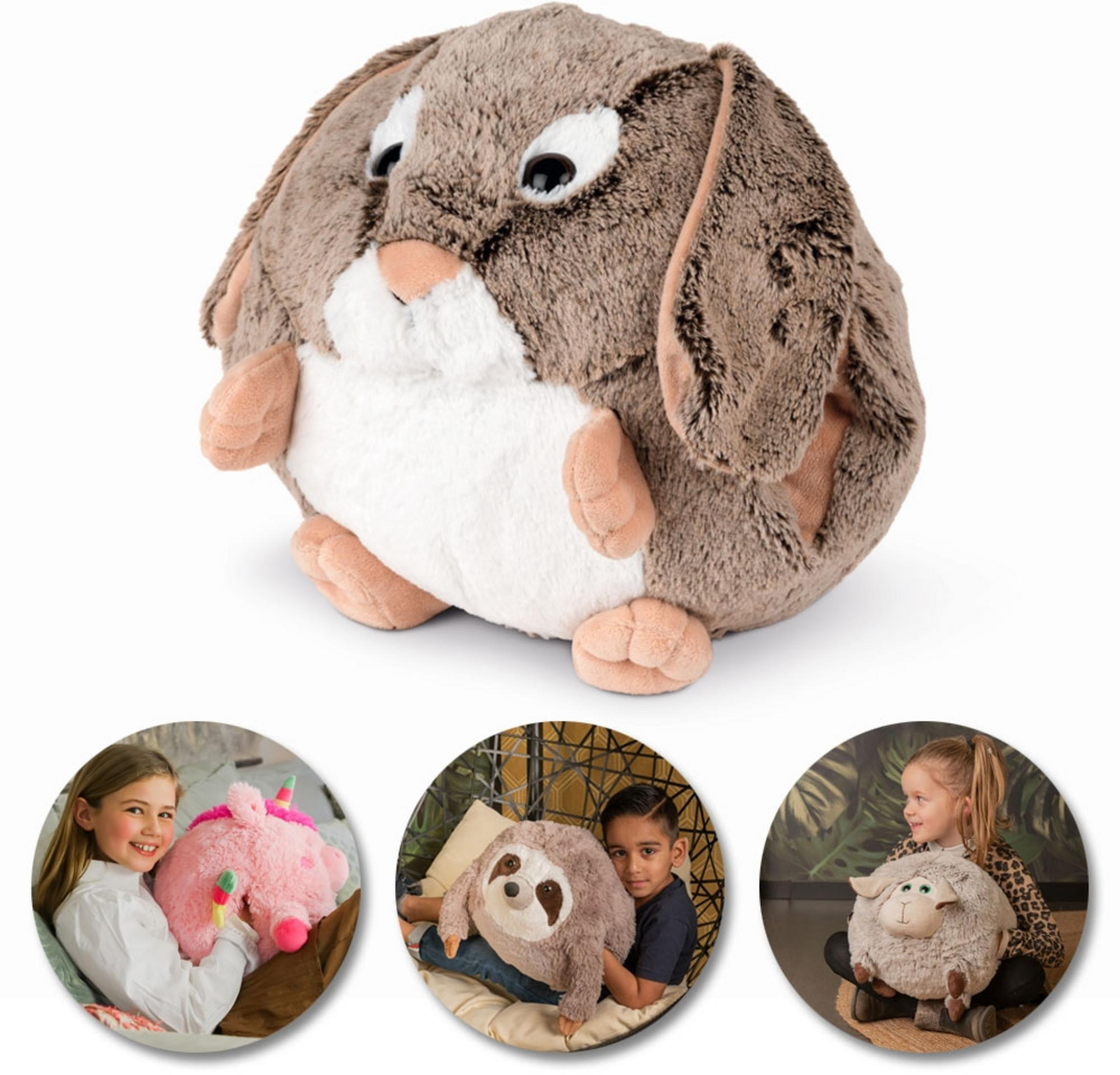 Ein flauschiges Kaninchen, ein rosa Einhorn, ein Faultier und ein Schaf mit Kindern.