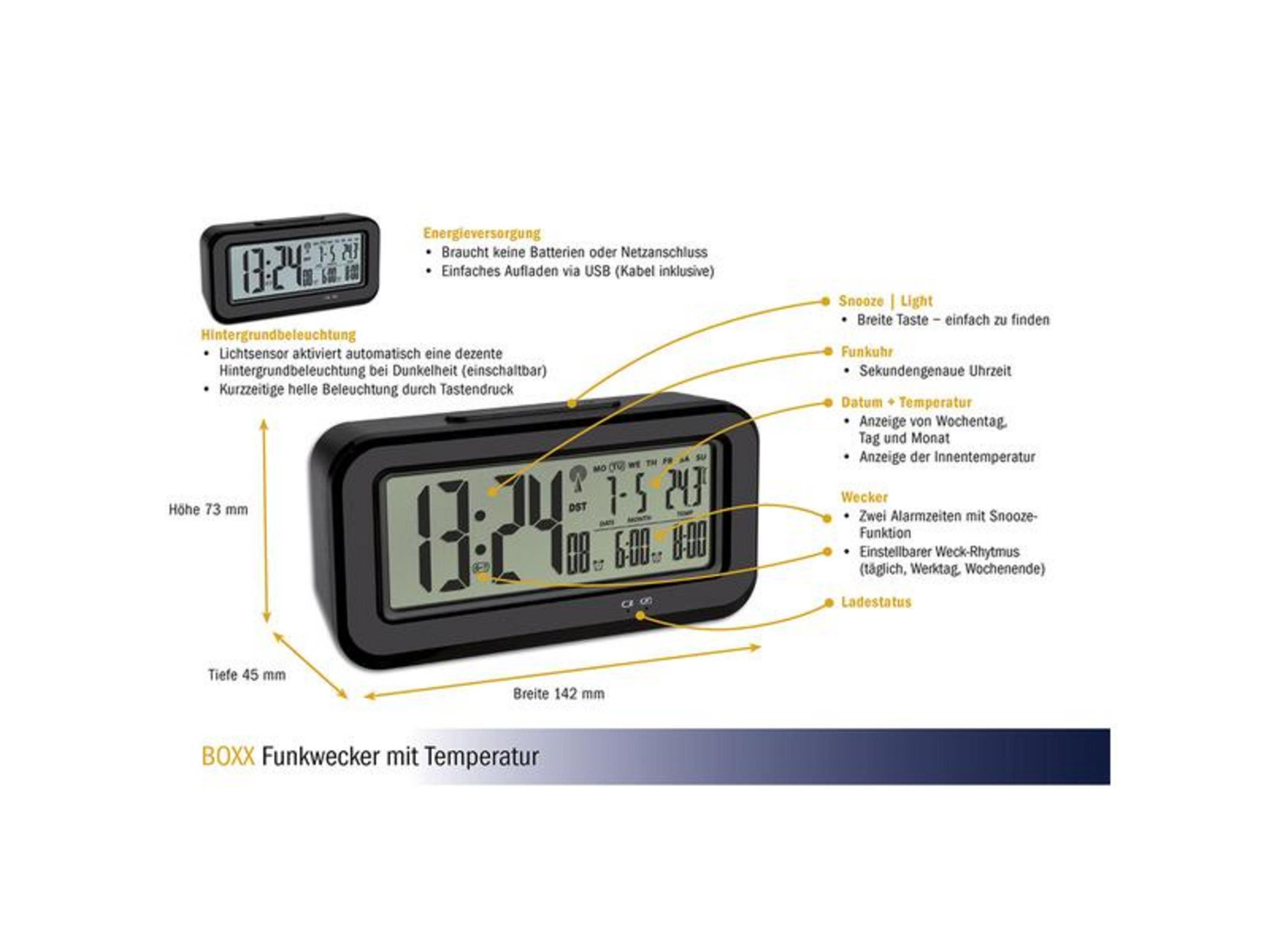 Ein schwarzer BOXX Funkwecker mit digitaler Anzeige für Uhrzeit, Datum und Temperatur.