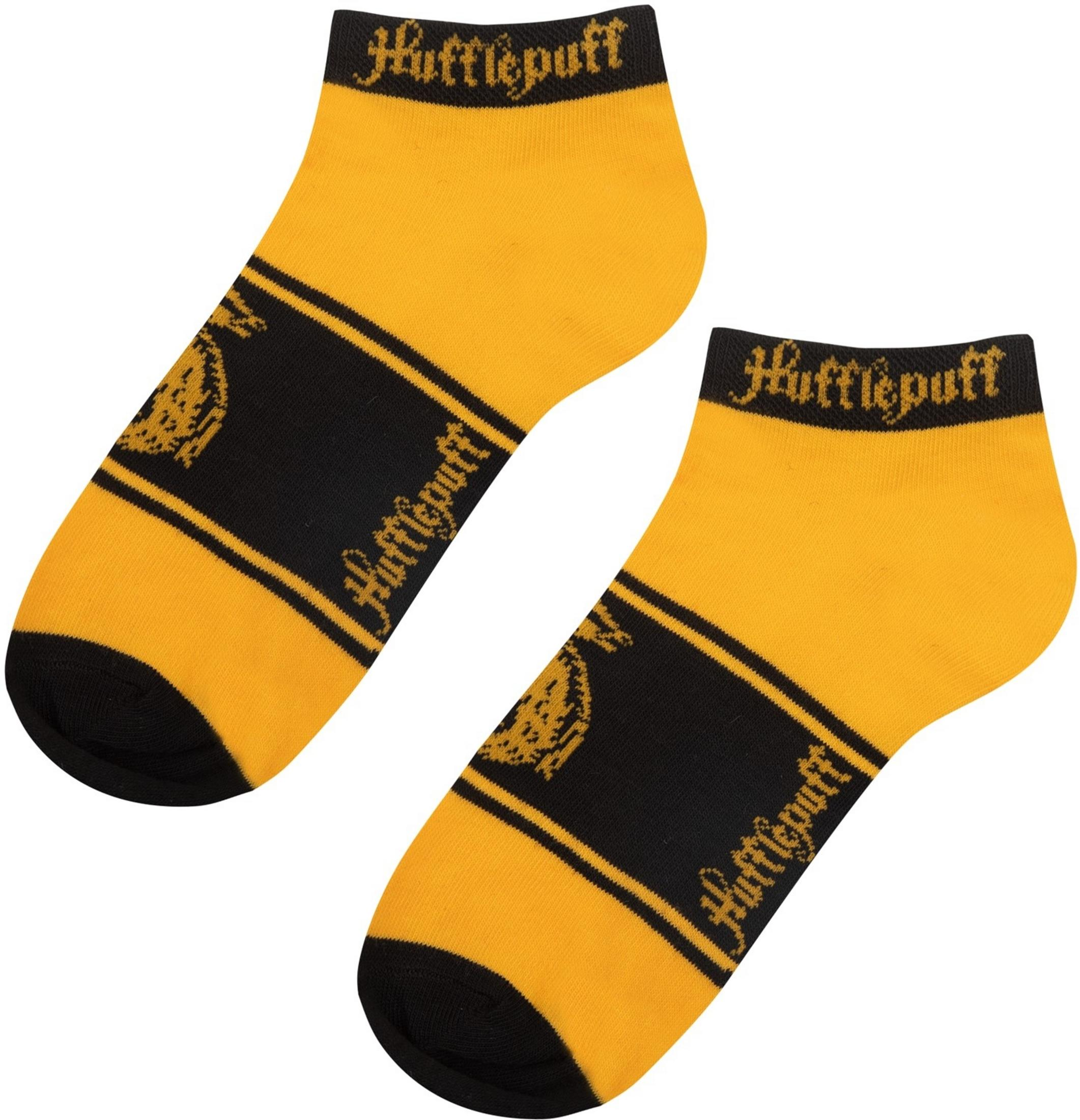 Zwei gelbe Socken mit schwarzen Streifen und Hufflepuff-Logo.