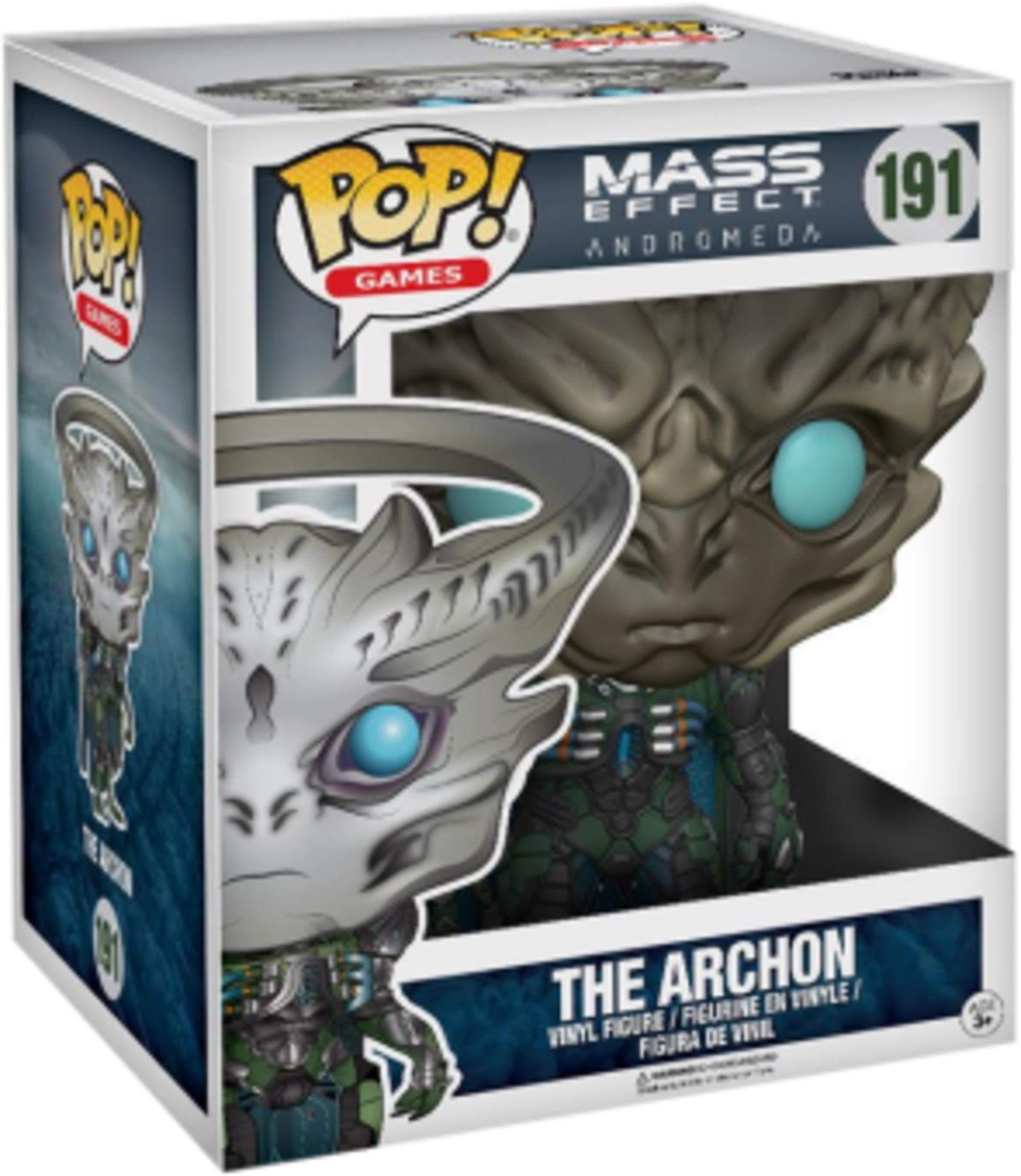 Funko Pop von Mass Effect Andromeda, The Archon, mit blaugrünen Augen und Rüstung.