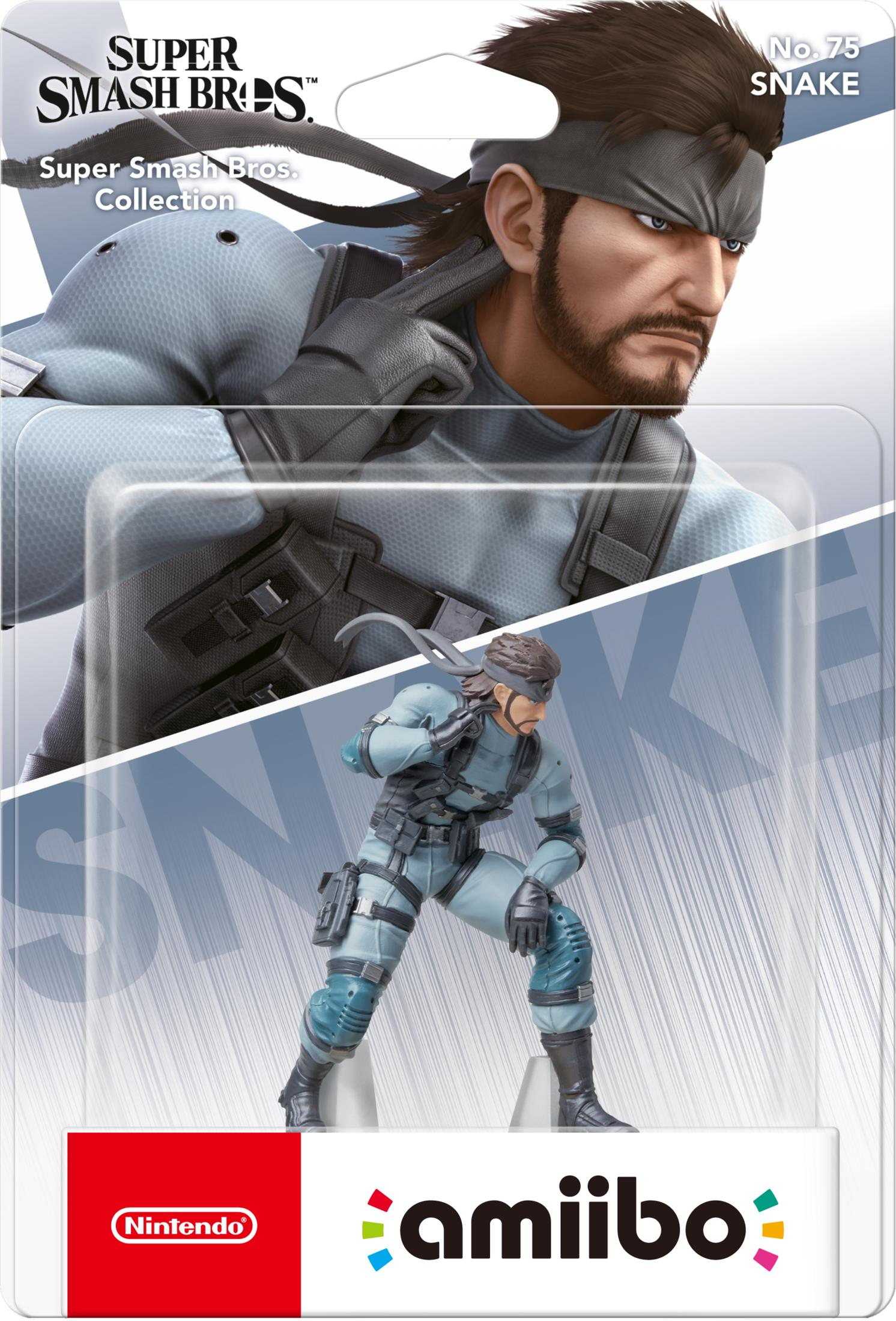Figura Amiibo di Snake in confezione Super Smash Bros. con logo Nintendo.