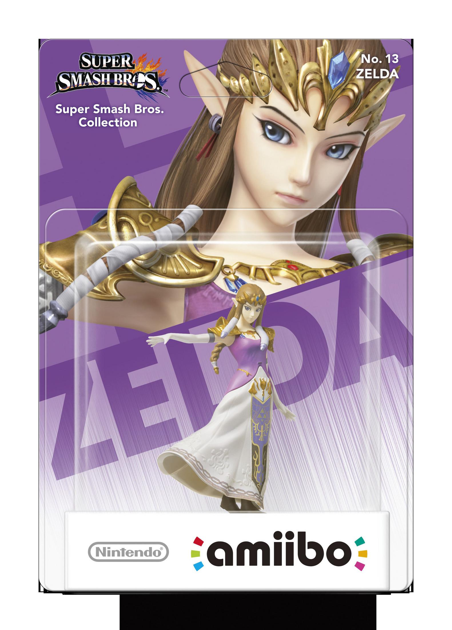 Zelda-Figur in Super Smash Bros.-Verpackung mit Nintendo- und Amiibo-Logo.