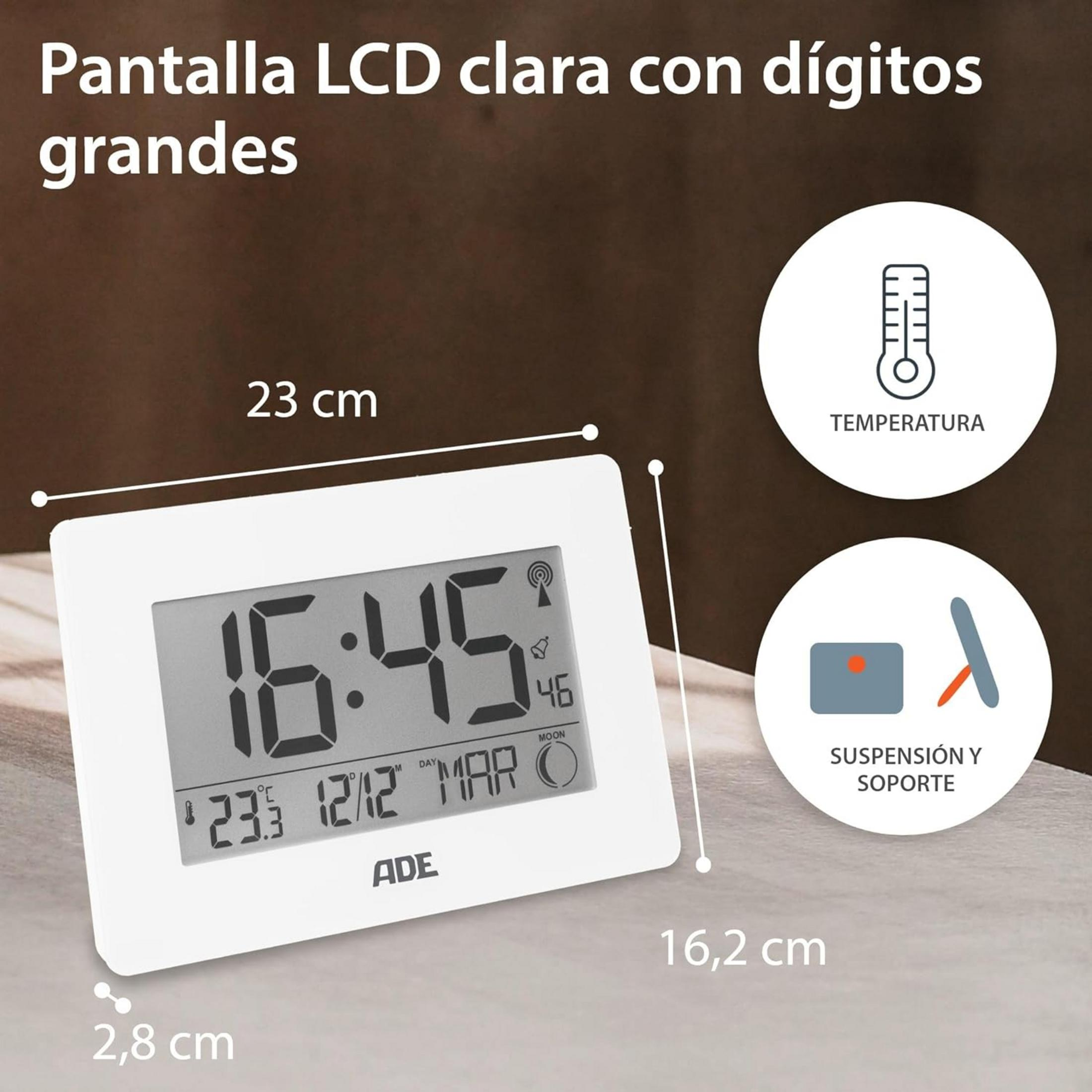 Weißes Digitalradio mit LCD-Anzeige, zeigt Zeit, Datum, Temperatur und Mondphase.