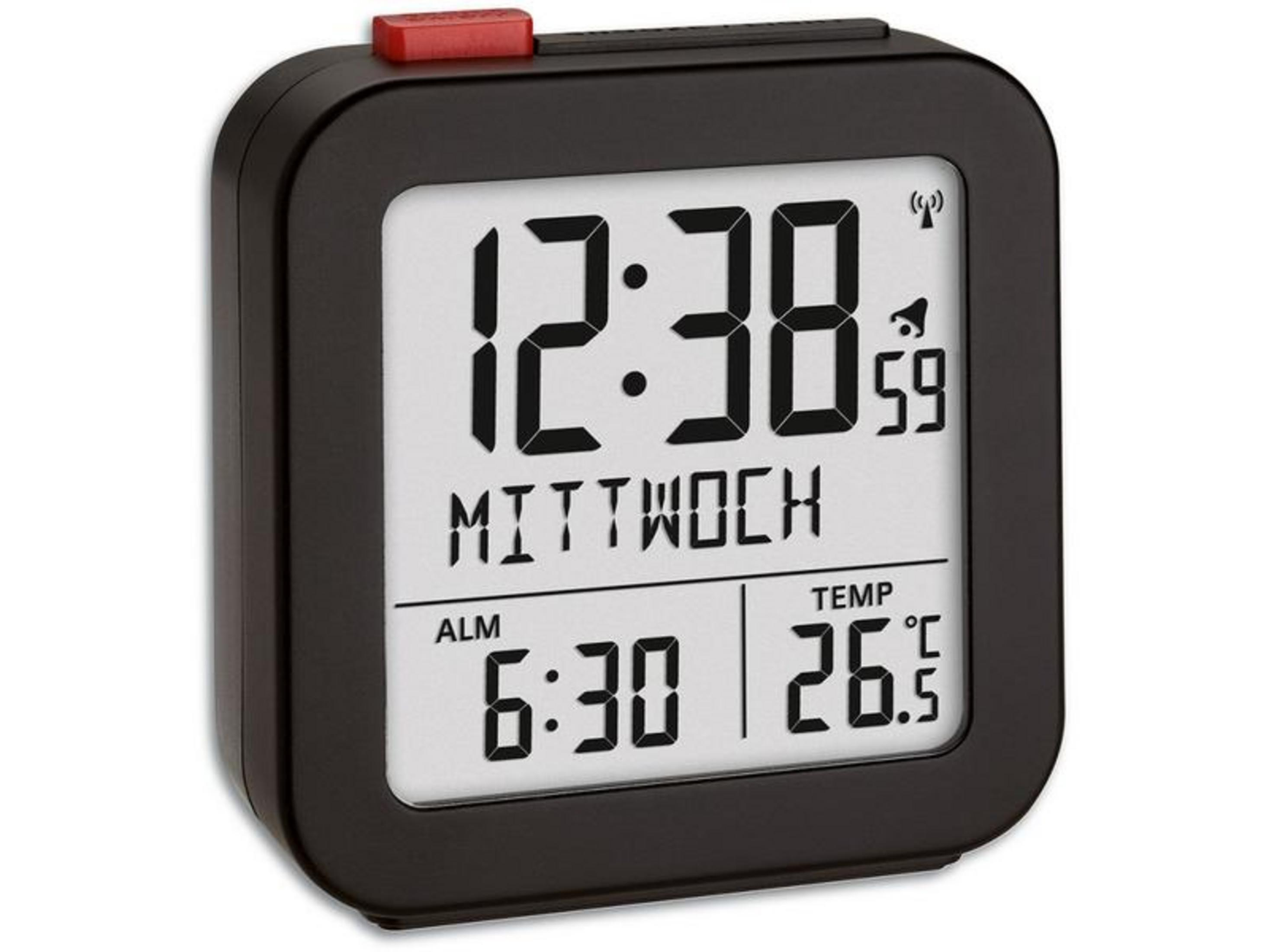 Digitaler Wecker zeigt 12:38 Uhr, Mittwoch, 6:30 Uhr Alarm und 26.5°C.