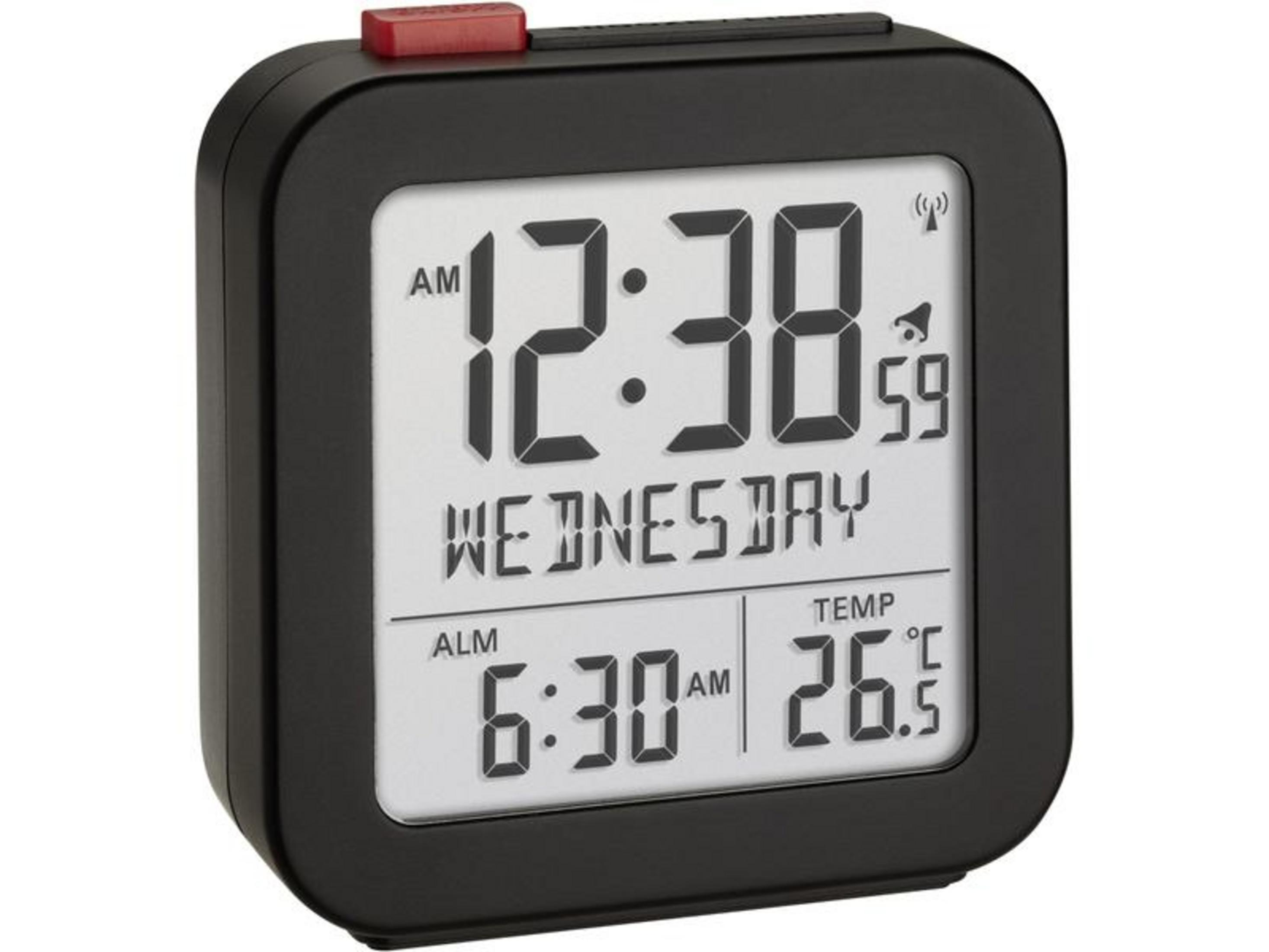 Schwarzer Digitalwecker zeigt 12:38 Uhr, Mittwoch, Alarm um 6:30 Uhr, Temp 26,5°C.