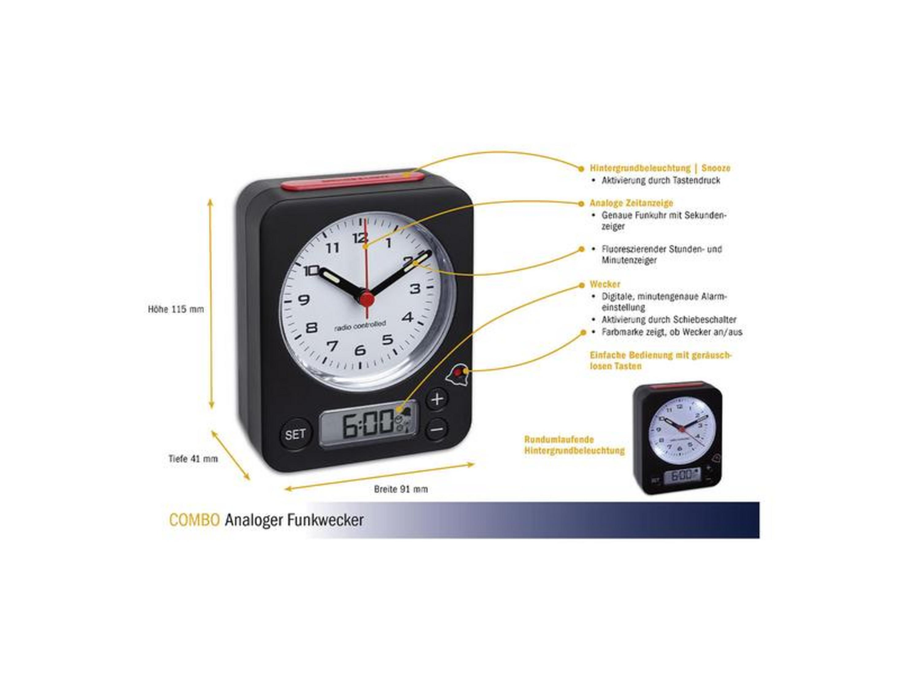 Schwarzer Wecker mit analoger und digitaler Anzeige, Snooze und Beleuchtung.