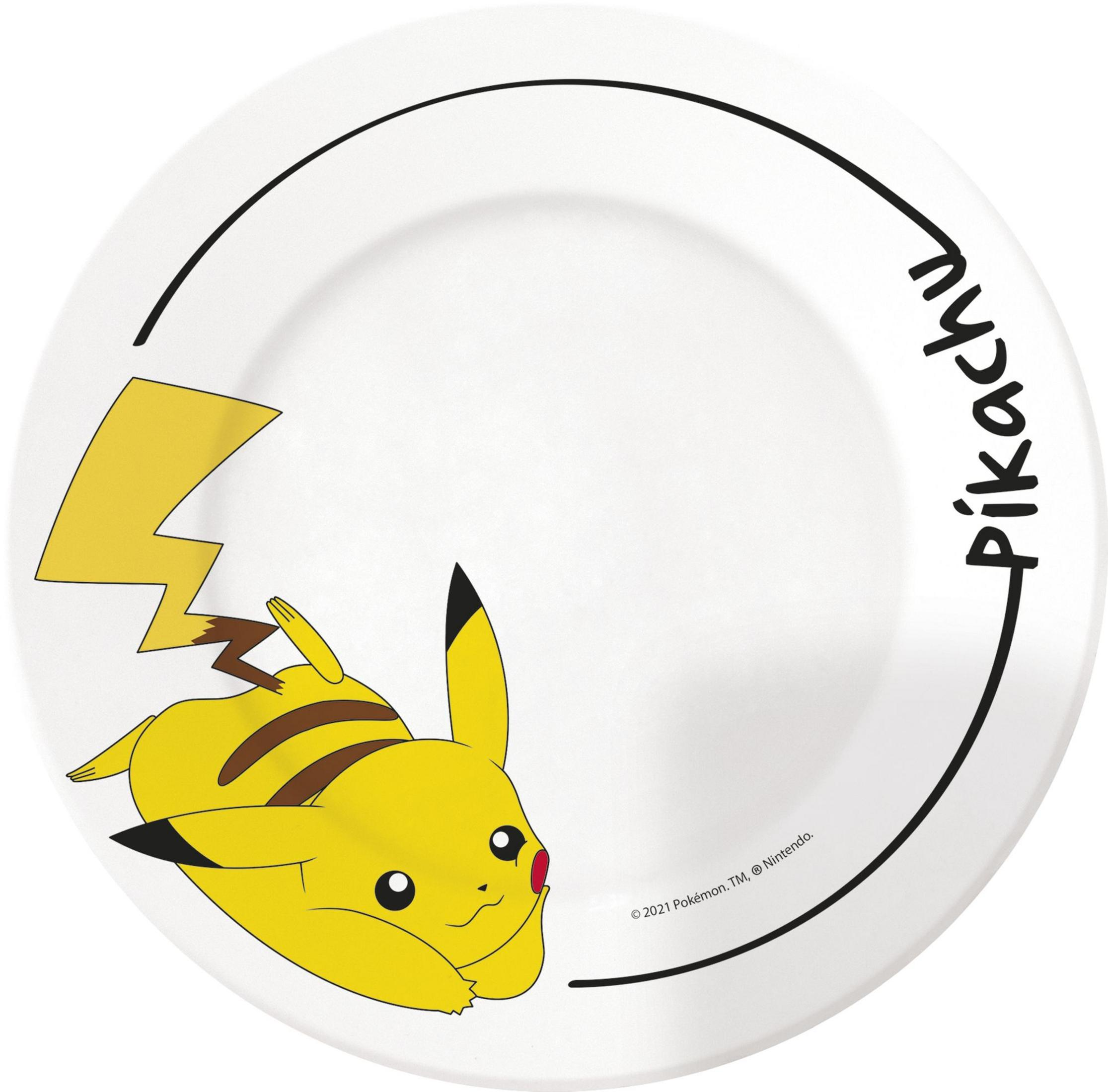 Ein weißer Teller mit Pikachu und dem Schriftzug "Pikachu".