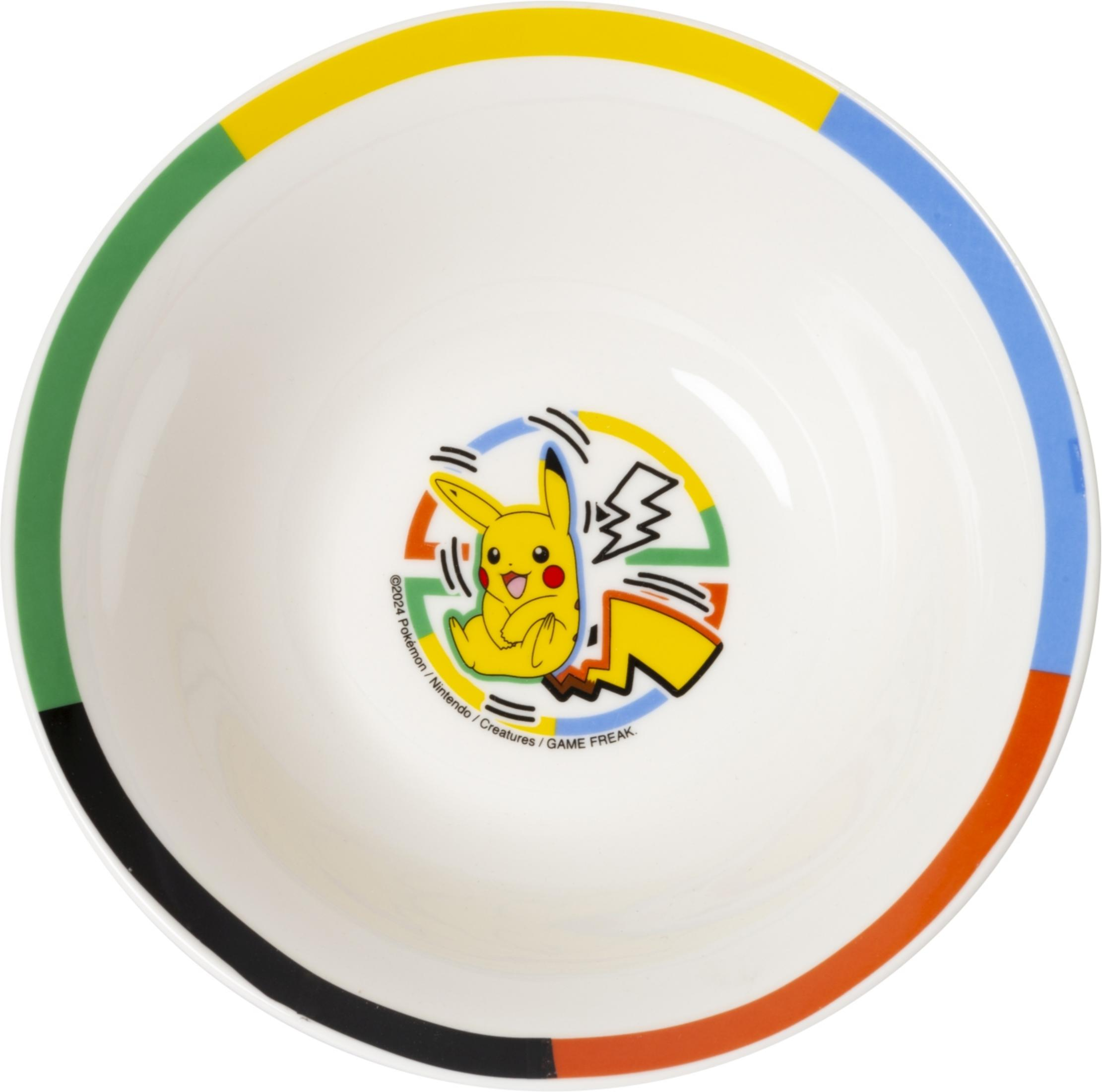 Weiße Schüssel mit Pikachu-Motiv und bunten Ringen.