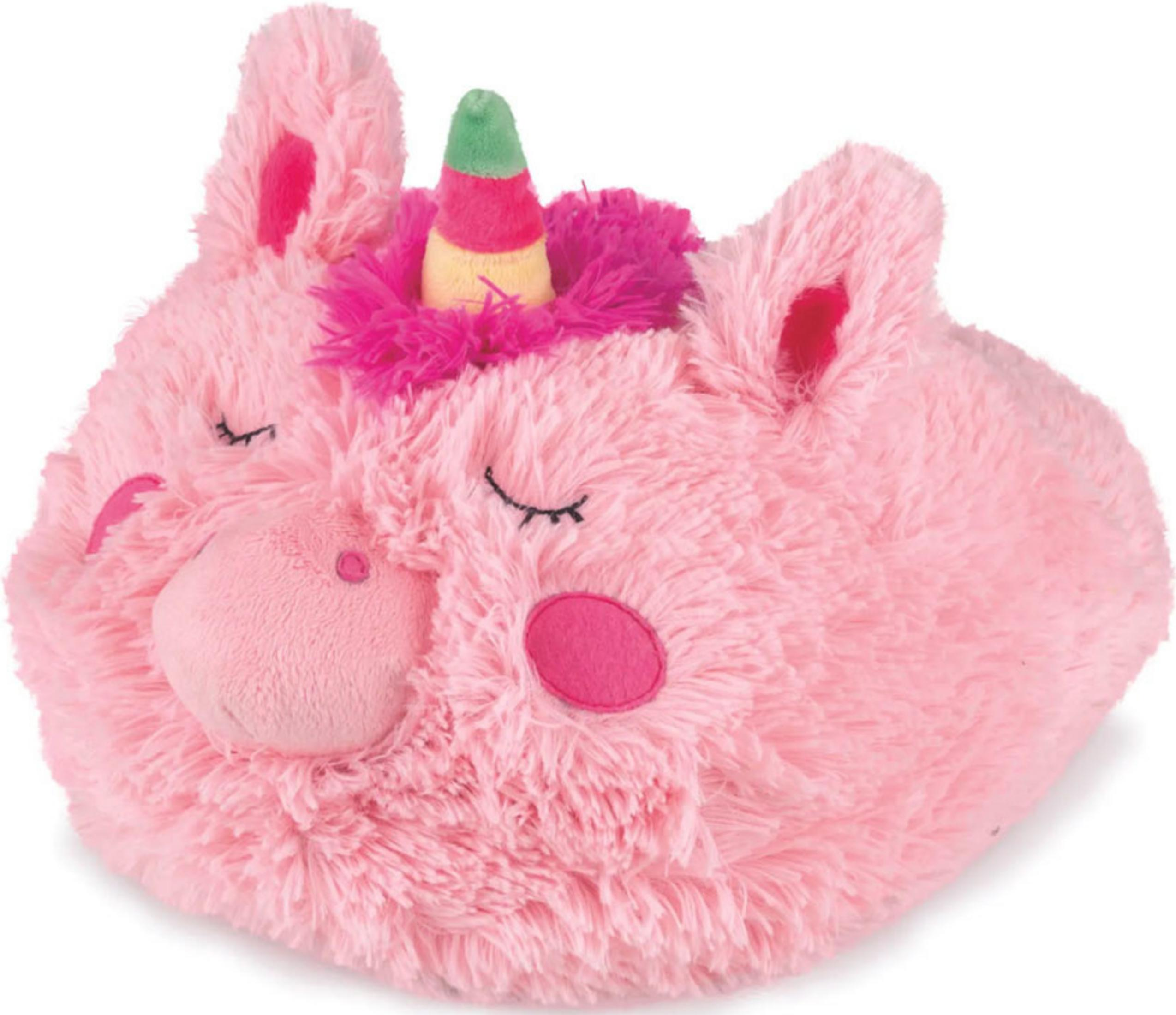 Ein flauschiger, rosafarbener Einhorn-Hausschuh mit einem bunten Horn.