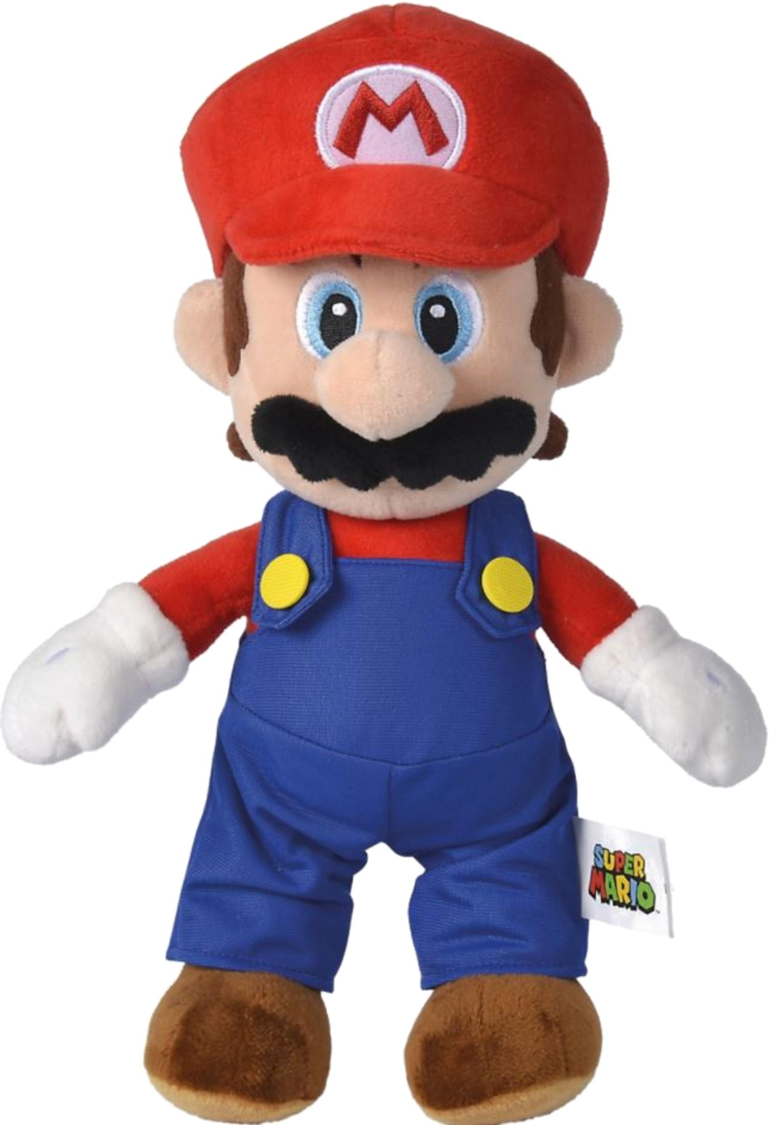 Mario Stofftier mit roter Mütze, blauer Latzhose und weißer Latzhose.