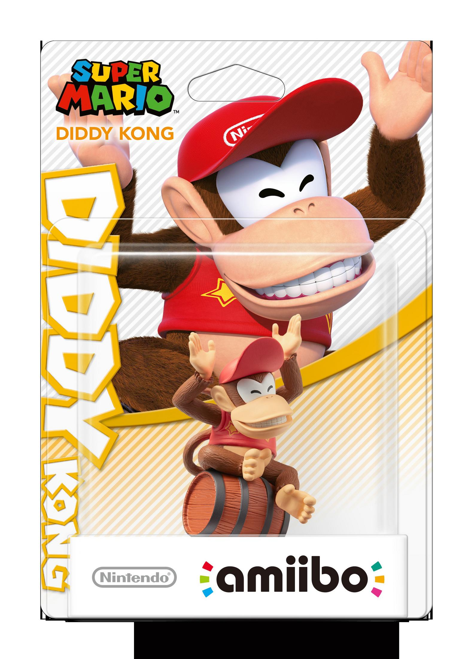 Figurine Amiibo Diddy Kong dans son emballage. Diddy Kong porte une chemise rouge.