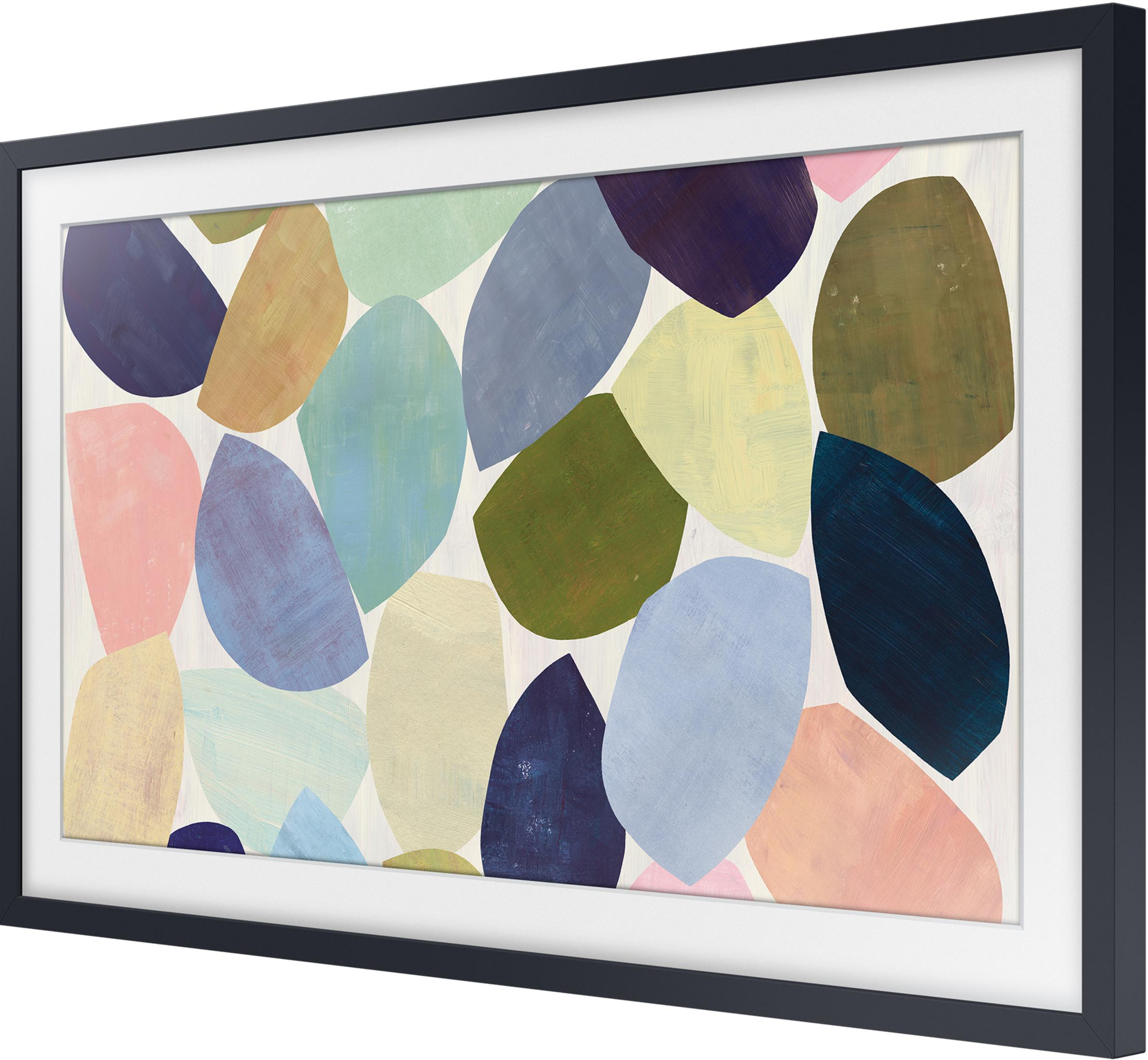 Œuvre d'art encadrée avec des formes organiques colorées sur fond clair.