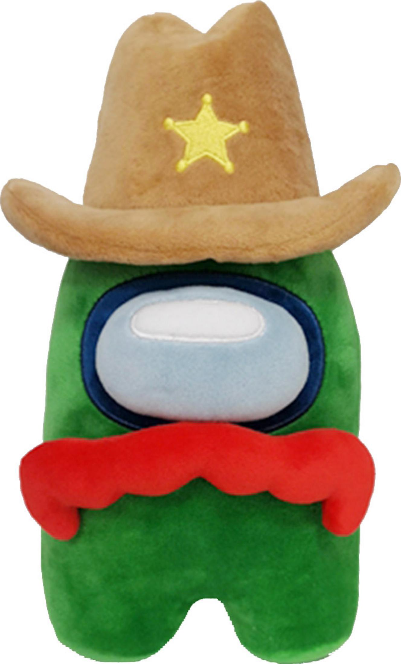 Grüner Plüschfigur mit Cowboyhut und rotem Schnurrbart.