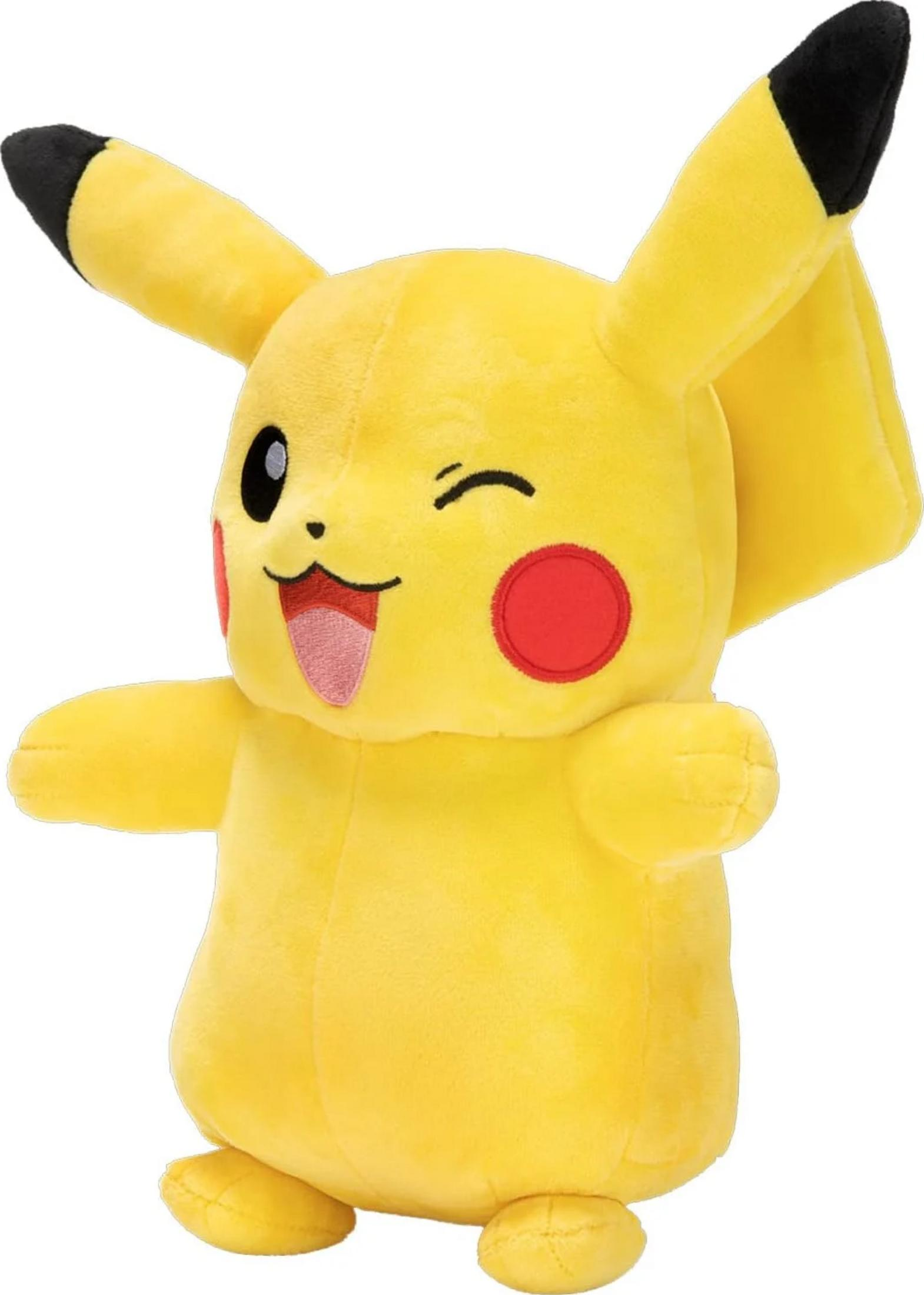 Ein gelbes Pikachu-Stofftier mit roten Wangen und geschlossenen Augen, das mit der Zunge herauszwinkert.