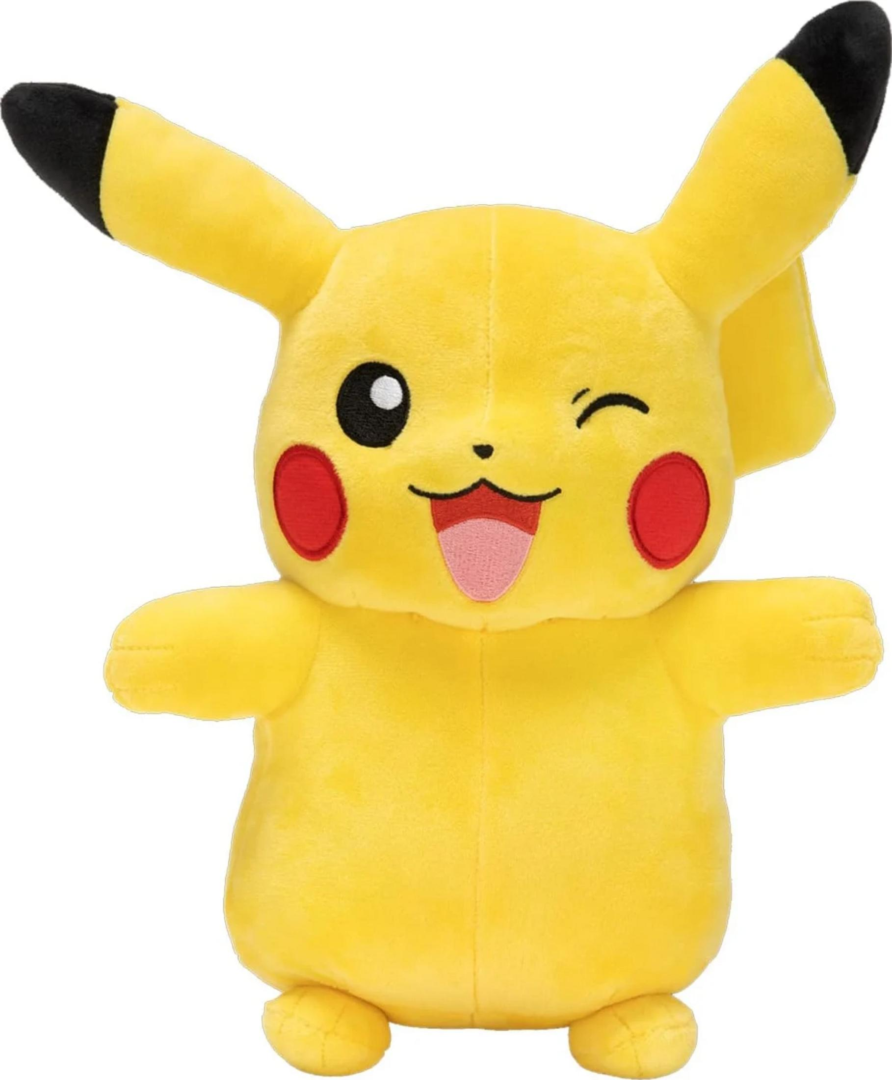 Ein gelbes Pikachu-Plüschtier mit roten Wangen und heraushängender Zunge.