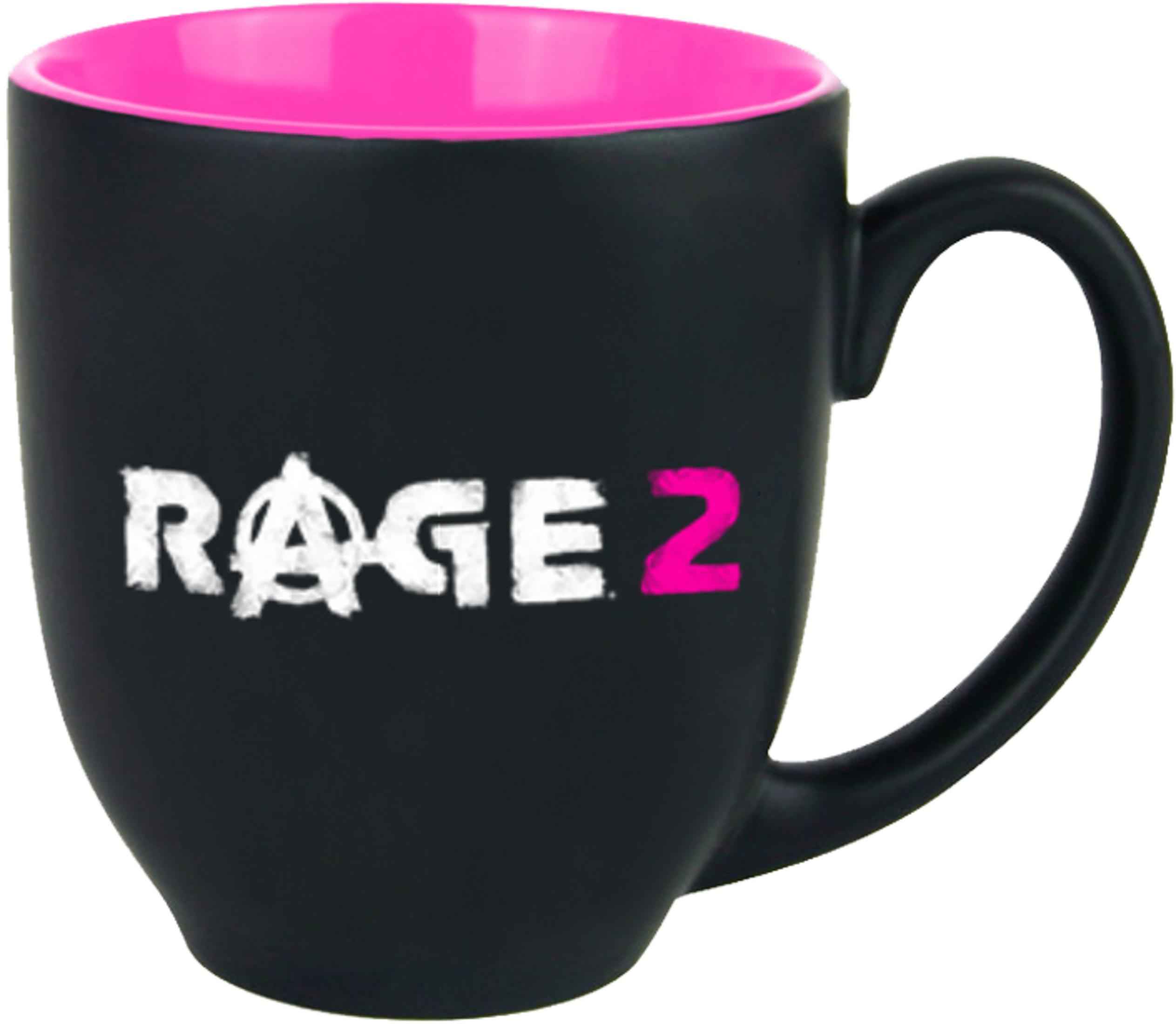 Schwarze Tasse mit pinkem Inneren und "RAGE 2"-Logo.