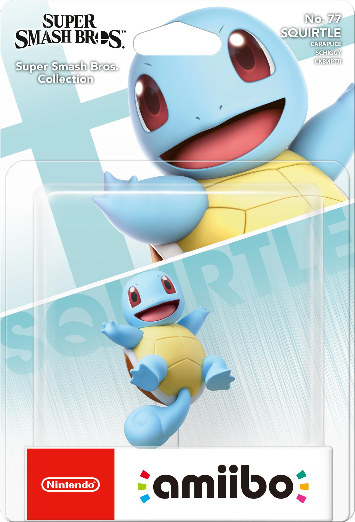 Ein Squirtle Amiibo in Super Smash Bros. Verpackung mit Nintendo Logo.