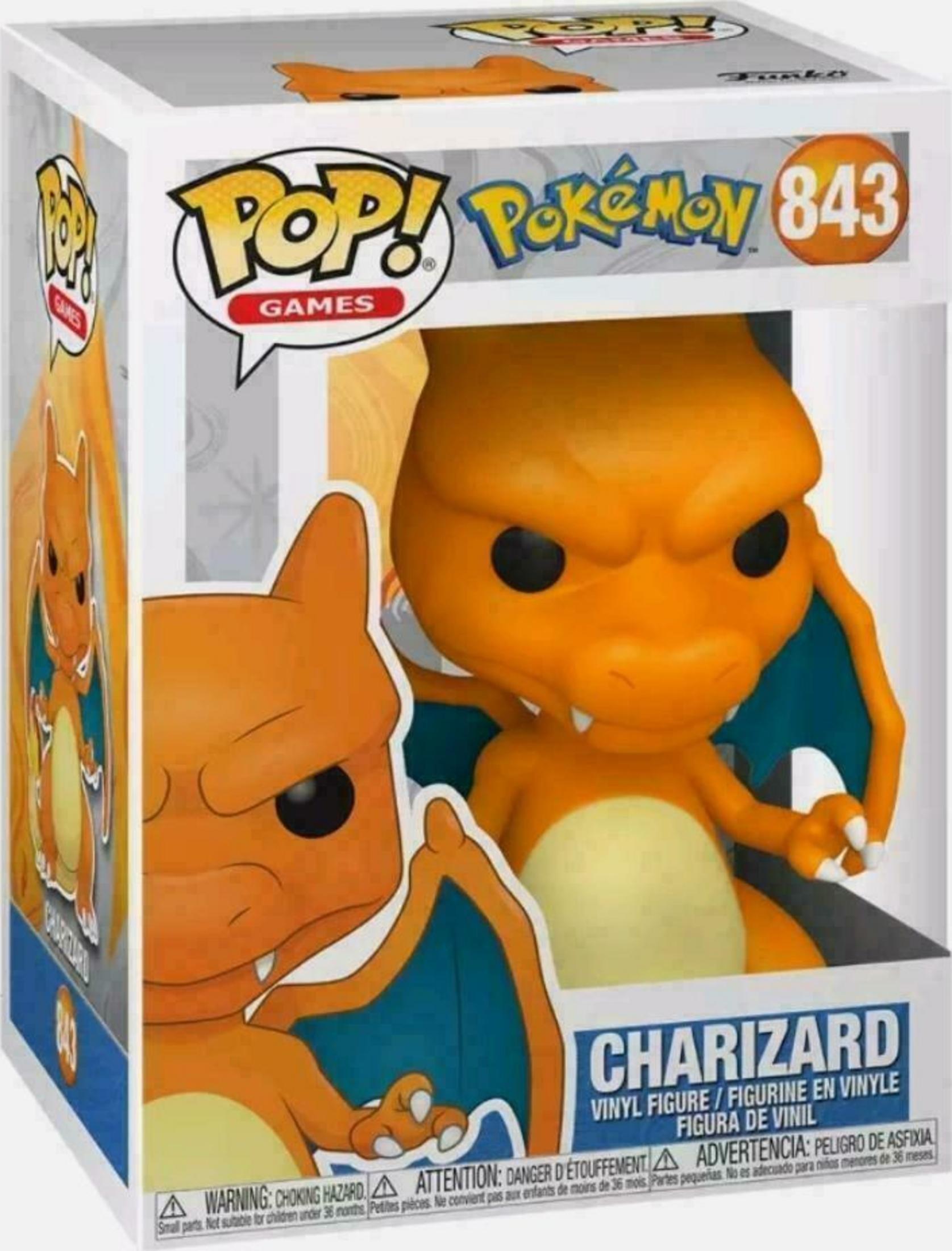 Ein Funko Pop! Charizard Vinylfigur Nr. 843 in Pokémon-Verpackung.