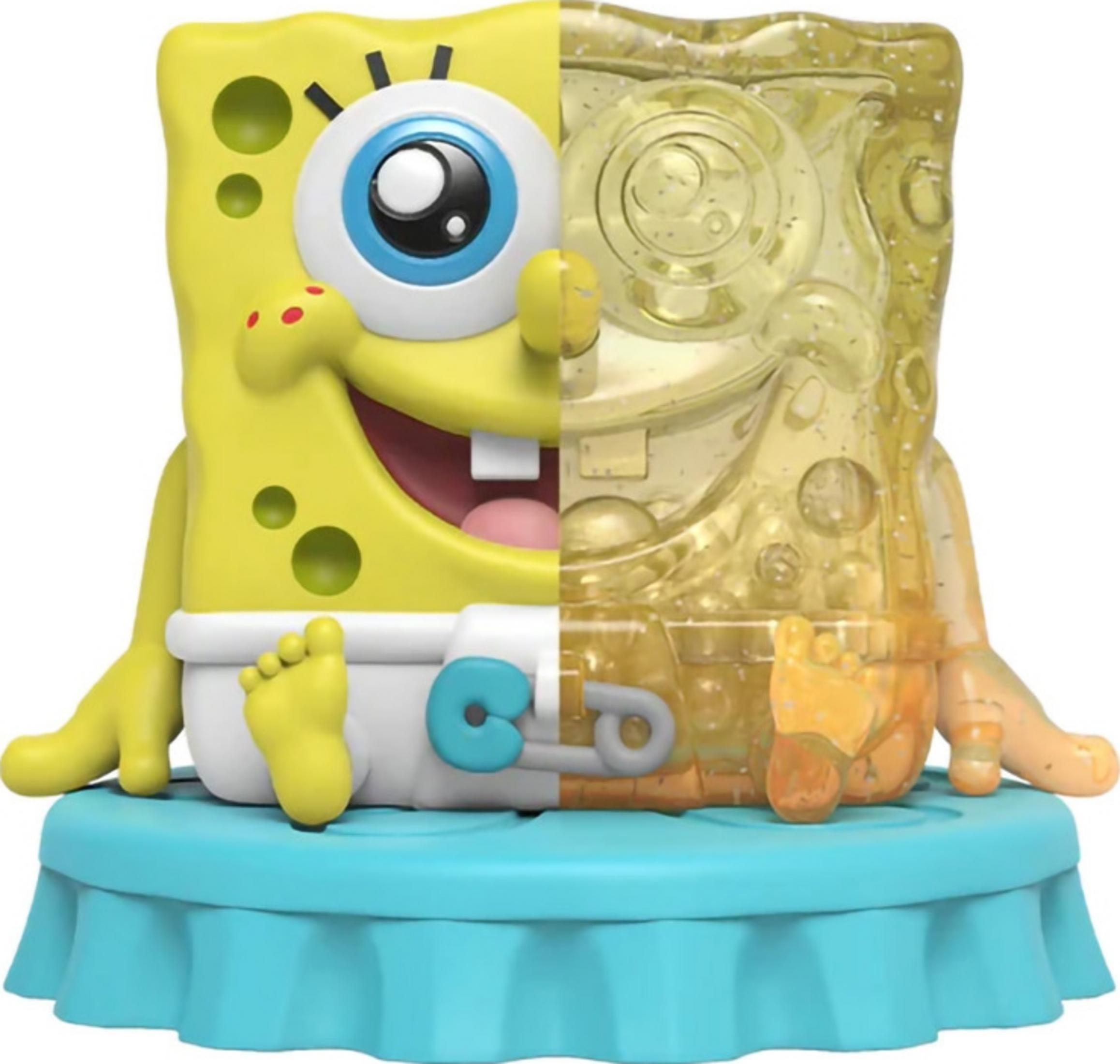 Spongebob als Spielzeugfigur, halbe Figur hellgelb, halbe Figur durchsichtig gelb.