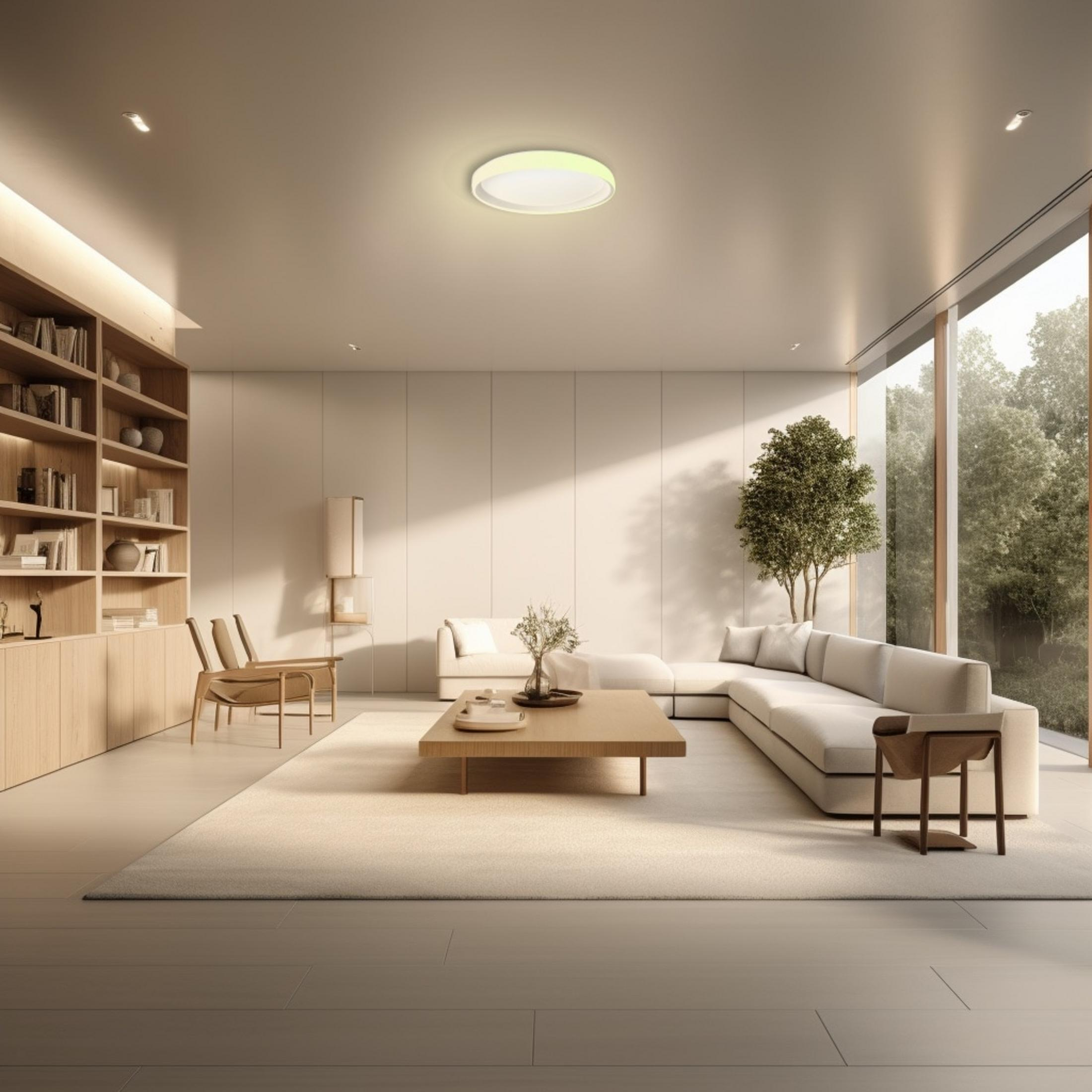 Nowoczesny salon z dużym oknem, sofą, stolikiem kawowym i regałem.