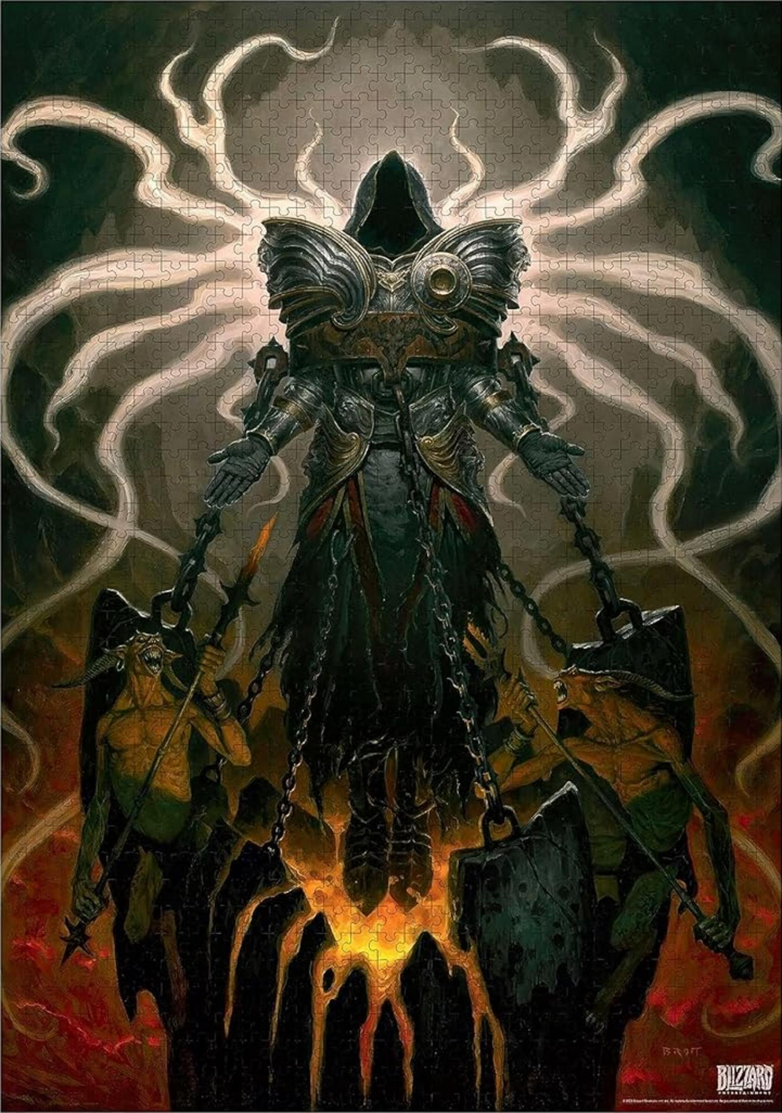 Opancerzony anioł w kapturze stoi nad dwoma uwięzionymi demonami.