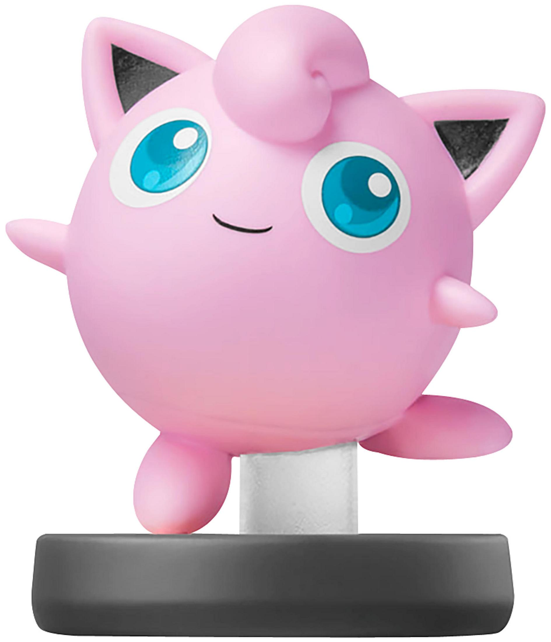 Une figurine rose de Rondoudou aux yeux bleus sur un socle noir.