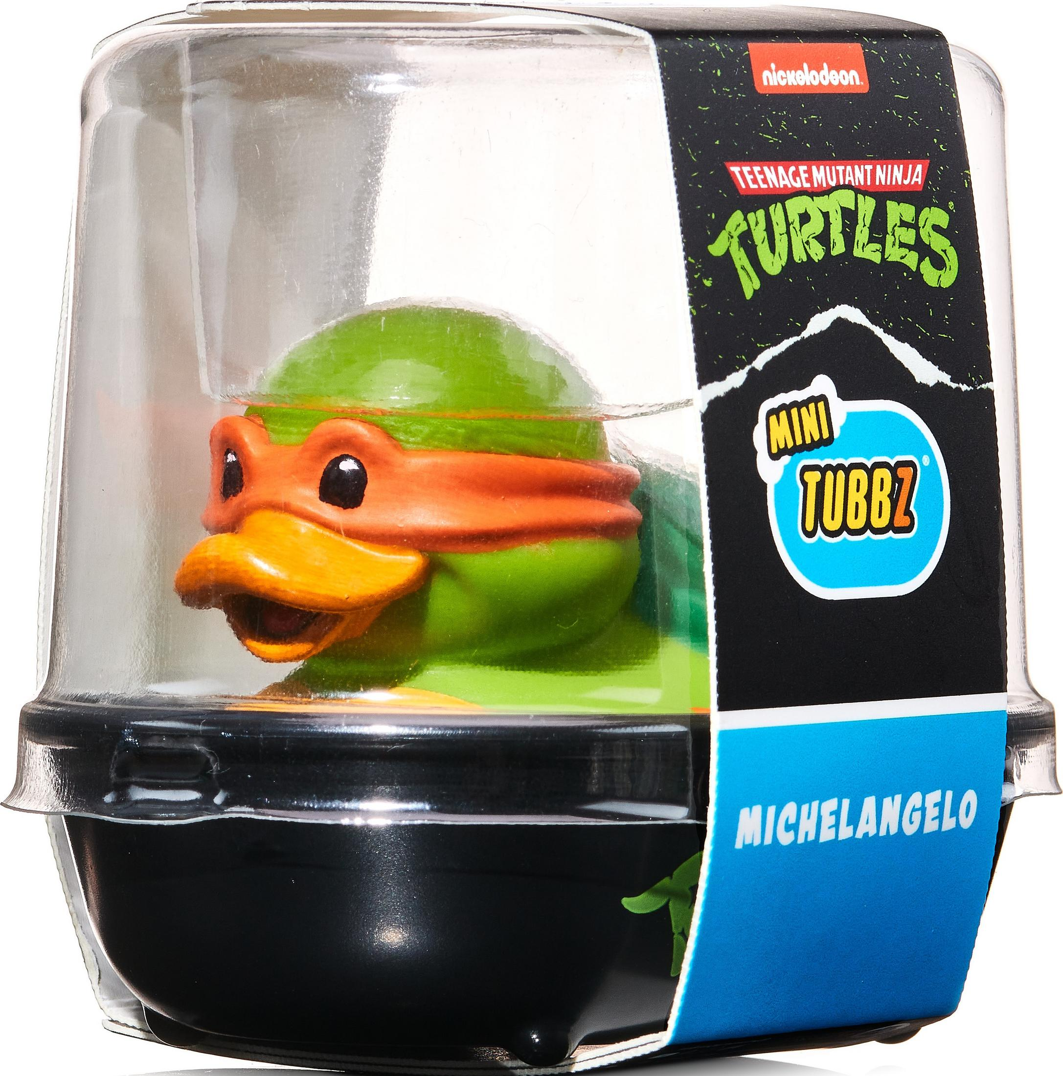 Michelangelo-Figur im Tubbz-Stil, verpackt in einer Plastikbox mit Nickelodeon-Branding.