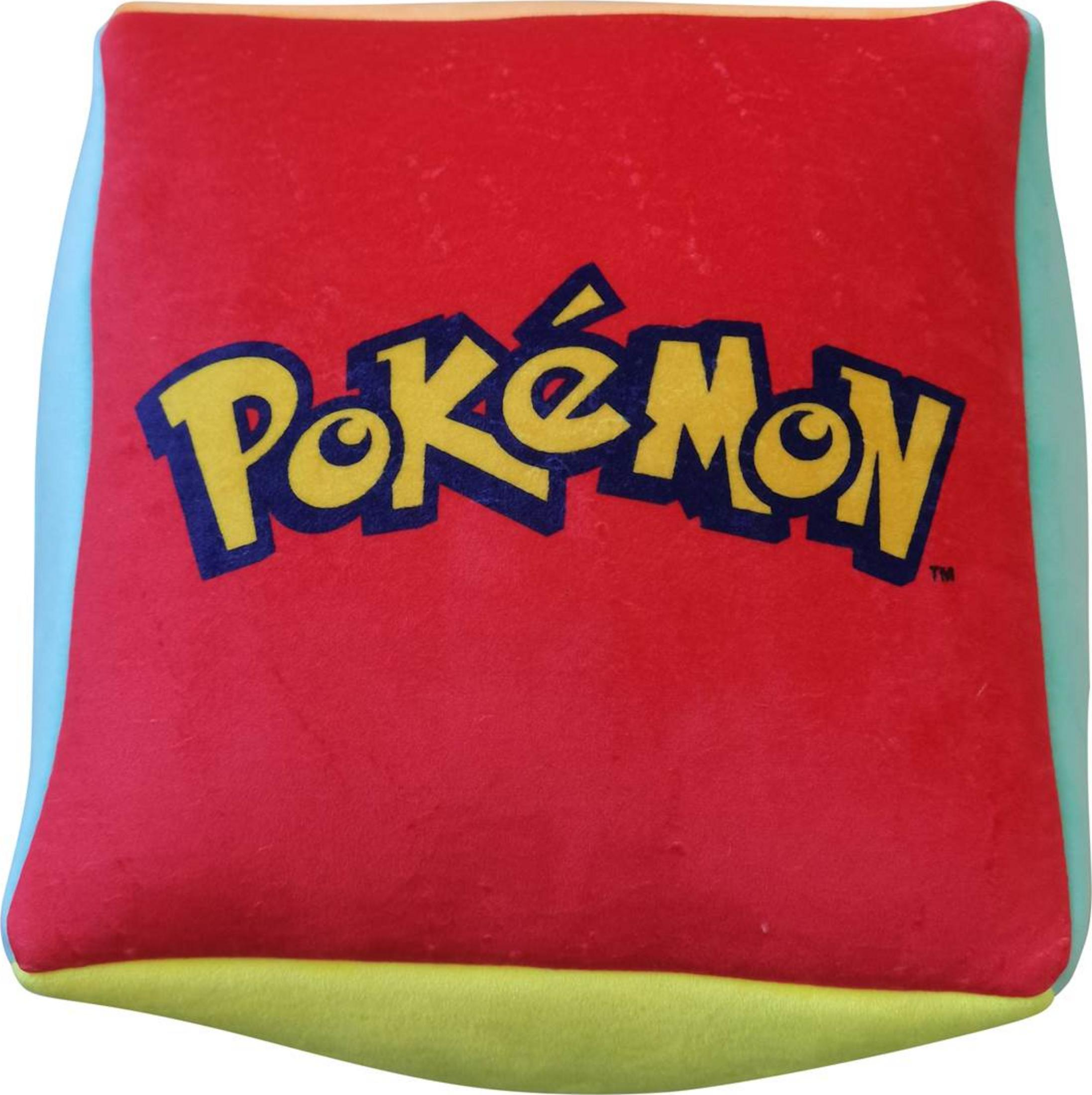 Ein rotes Kissen mit dem gelben Pokémon-Logo und blauen Umrissen.