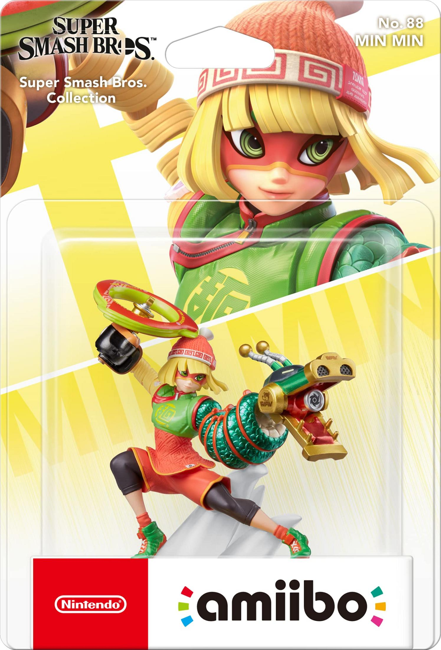 Min Min Amiibo-Figur in Schutzverpackung, mit Super Smash Bros. Collection-Logo.