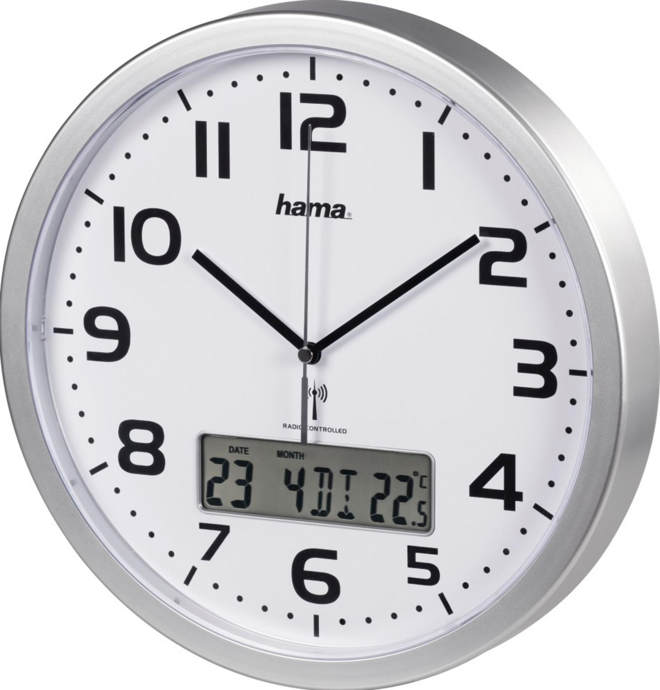 Biały zegar ścienny z srebrną ramką i cyfrowym wyświetlaczem daty.