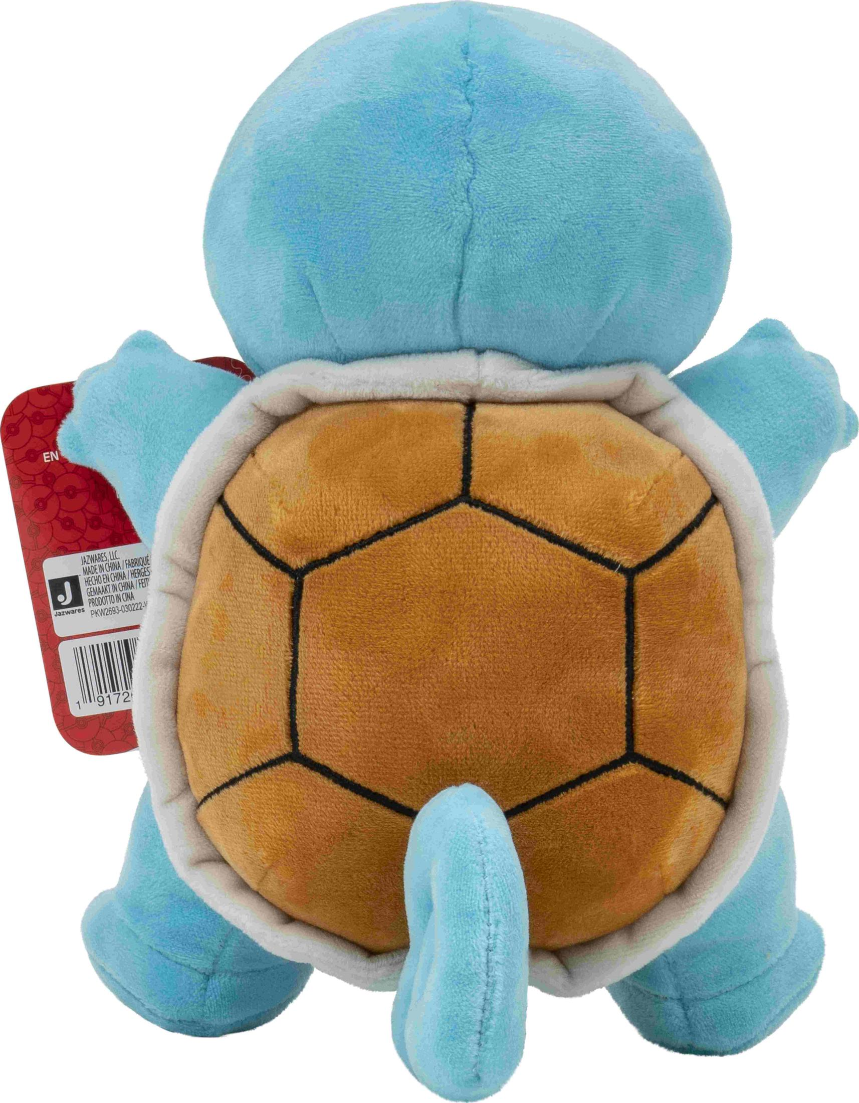 Ein blauer Squirtle-Plüsch mit einem braunen Panzer und einem Schwanz.