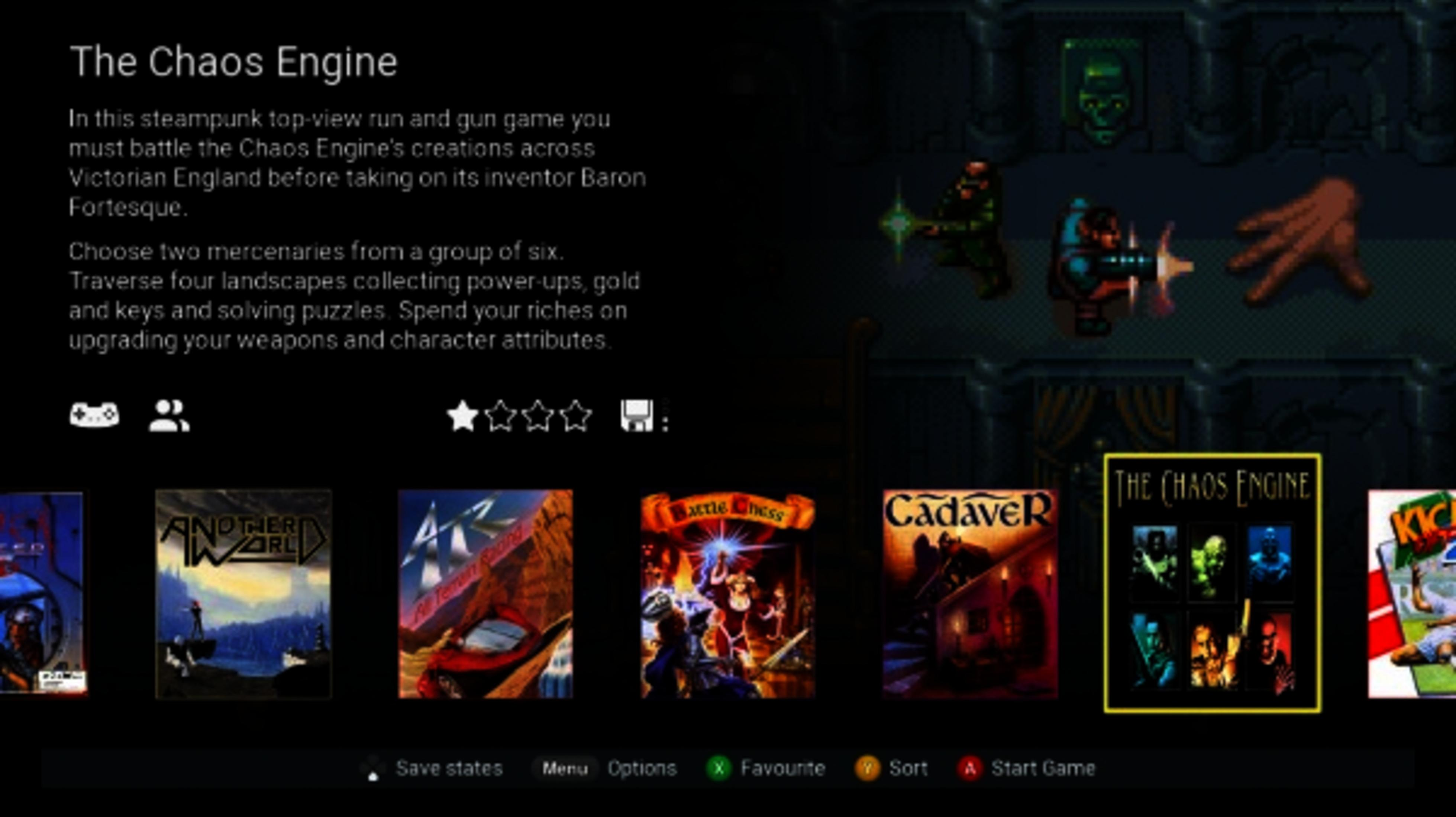 Menu gry w stylu pixel art pokazujące okładki i tekst. Postać z gry strzela do ręki.