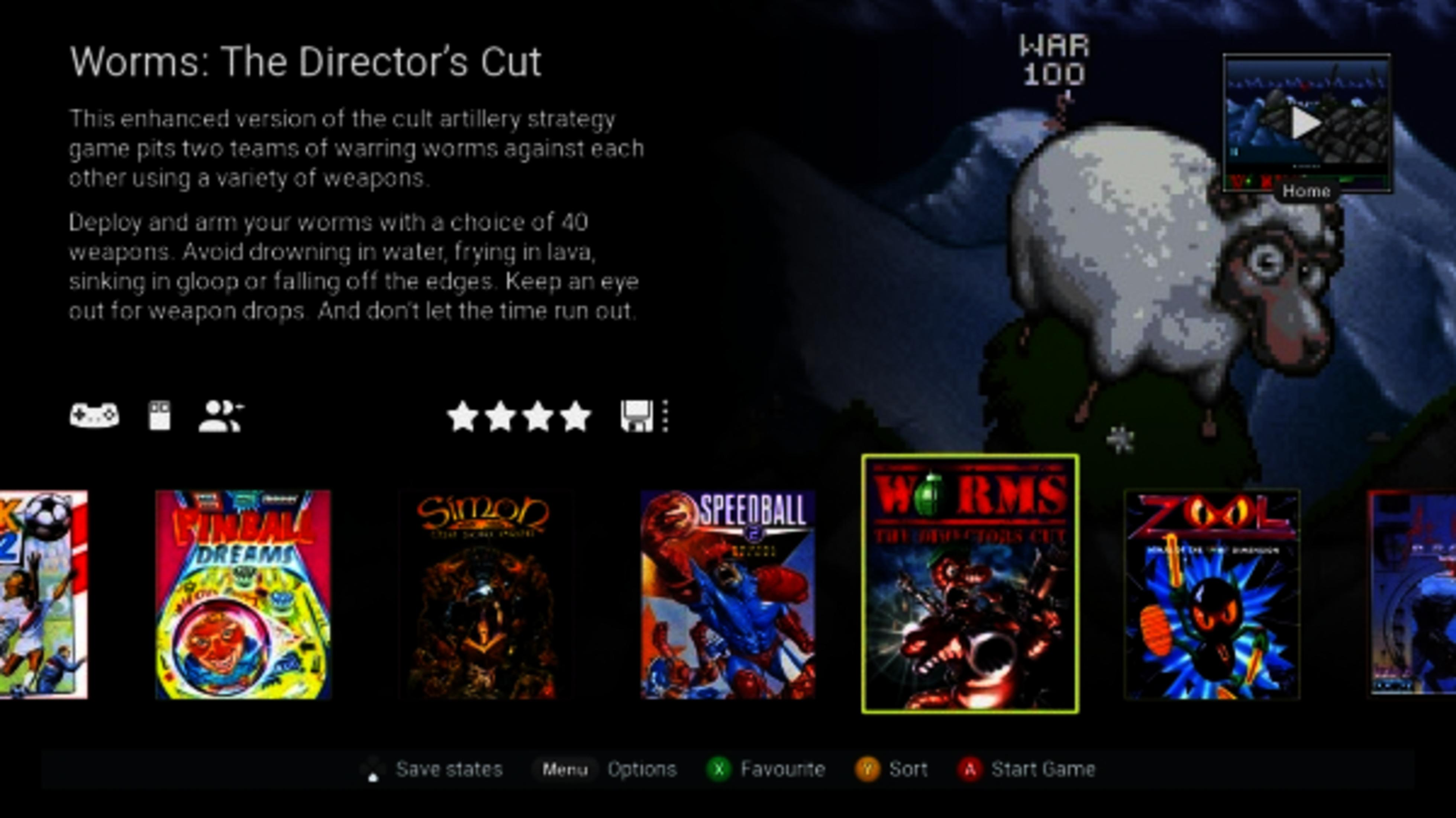 Menu gry z podświetloną grą Worms: The Director's Cut. Owca na wzgórzu.