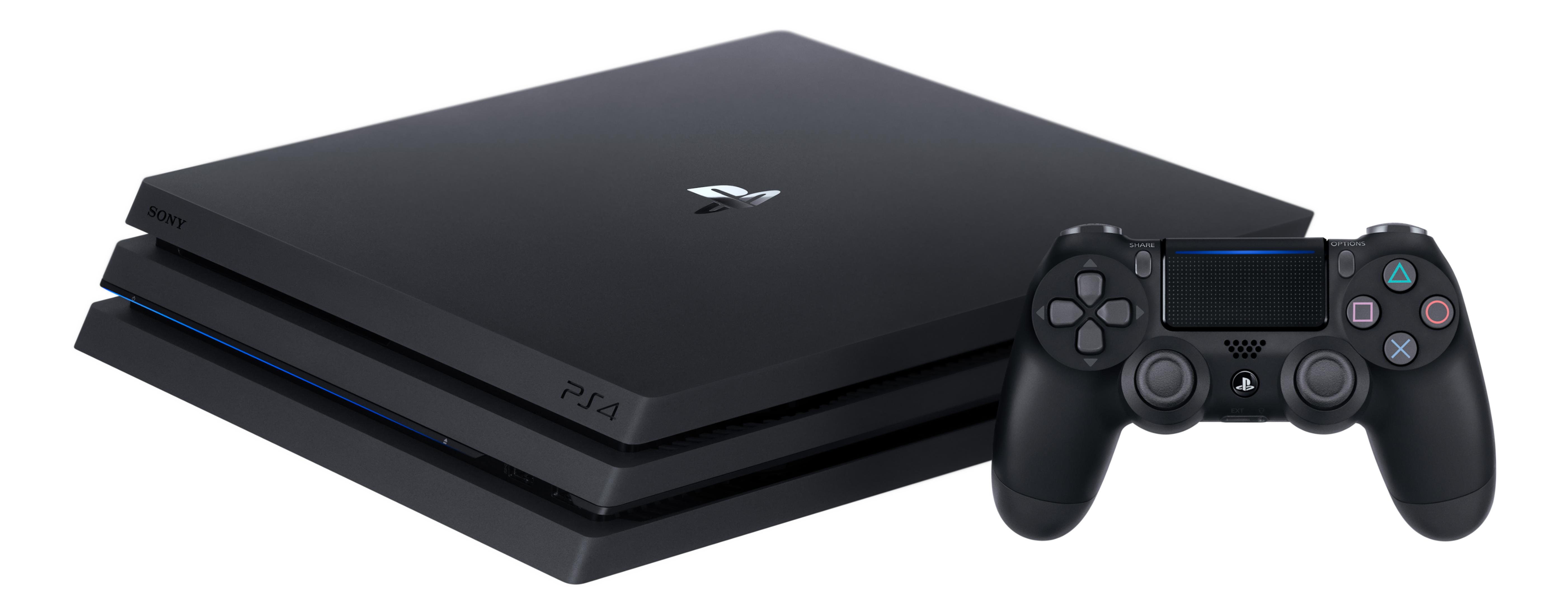 Schwarze Sony PlayStation 4 Pro Konsole mit einem schwarzen DualShock 4 Controller.