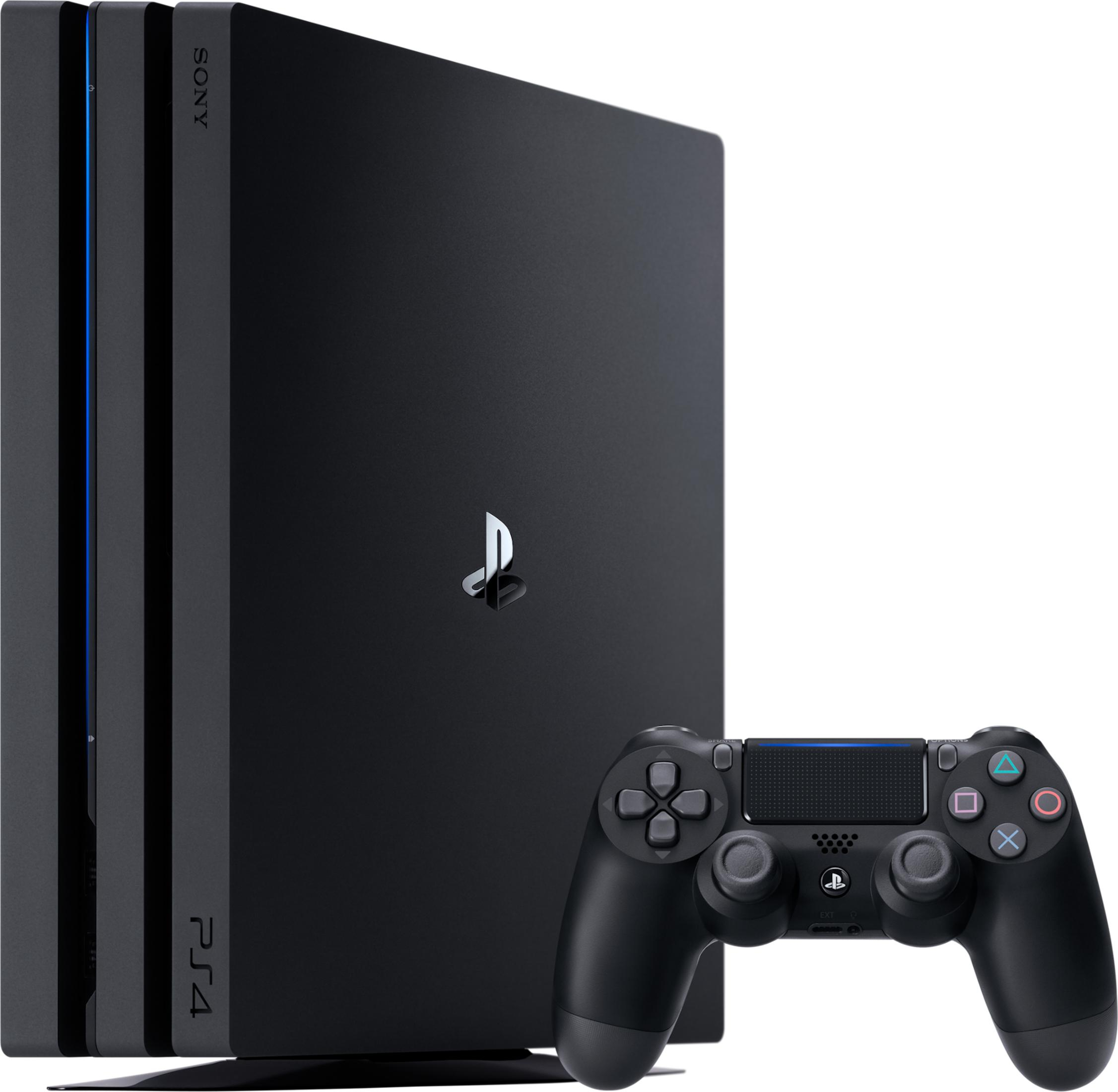Schwarze Sony PlayStation 4 Pro Konsole mit einem schwarzen DualShock 4 Controller.