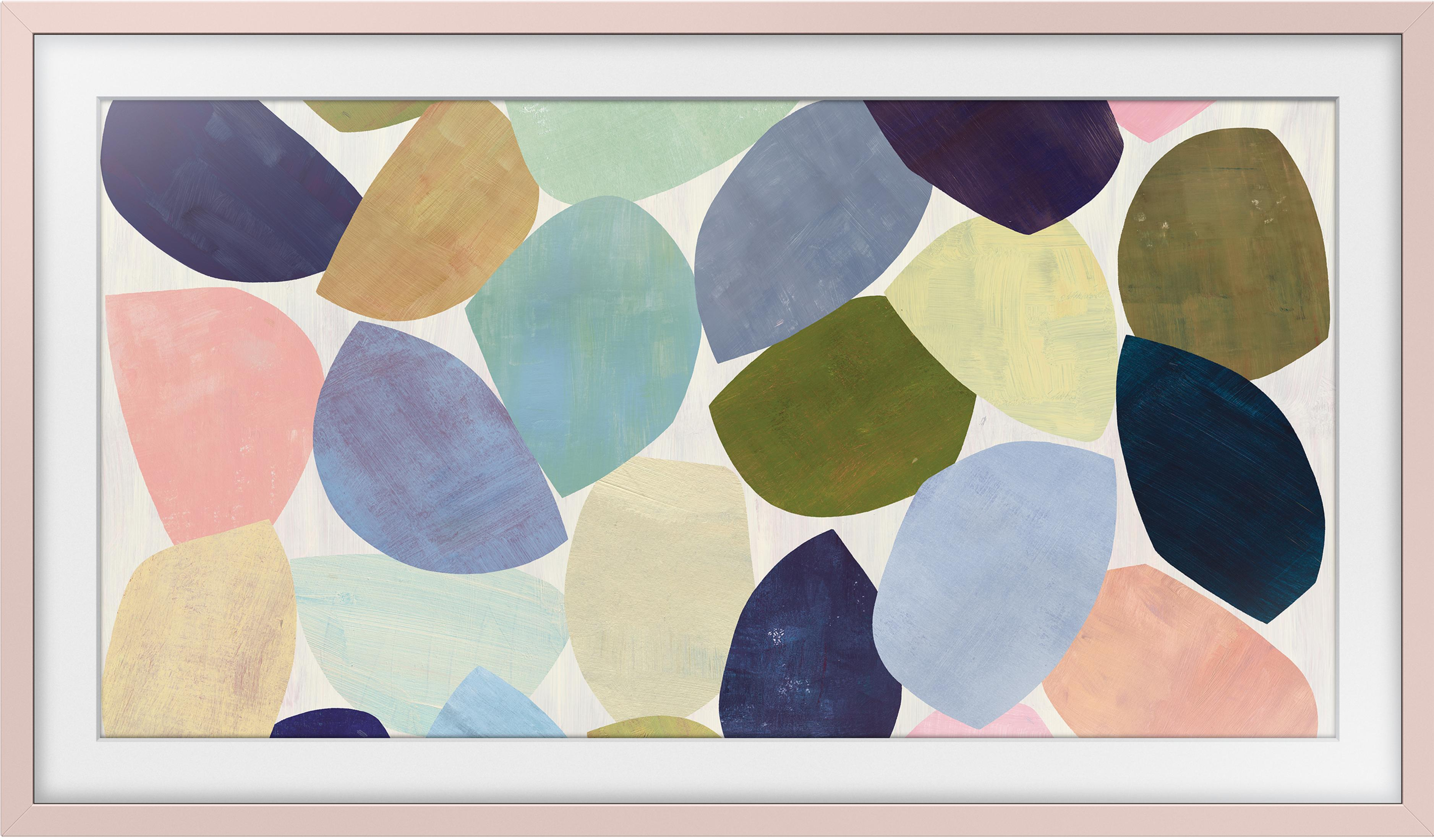 Abstracte vormen in pastelkleuren op lichte achtergrond.